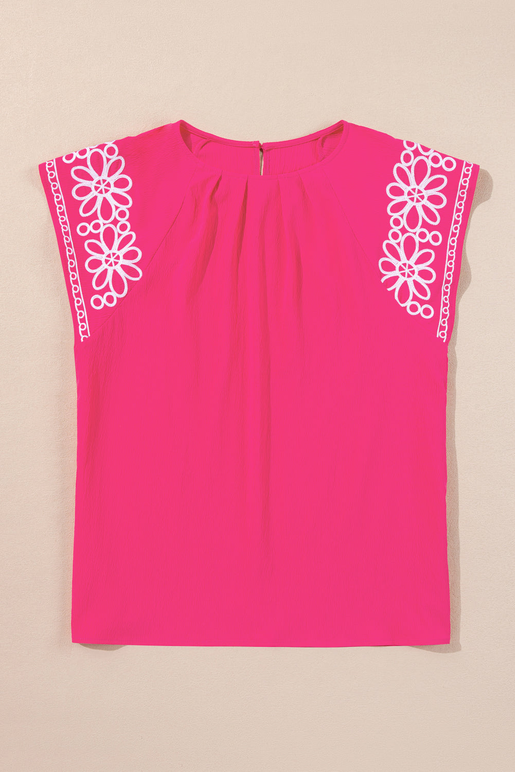 Strawberry Pink Floral Embroidered Flutter Sleeve Pleated O Neck Plus Size Blouse BB Fashion Outlet