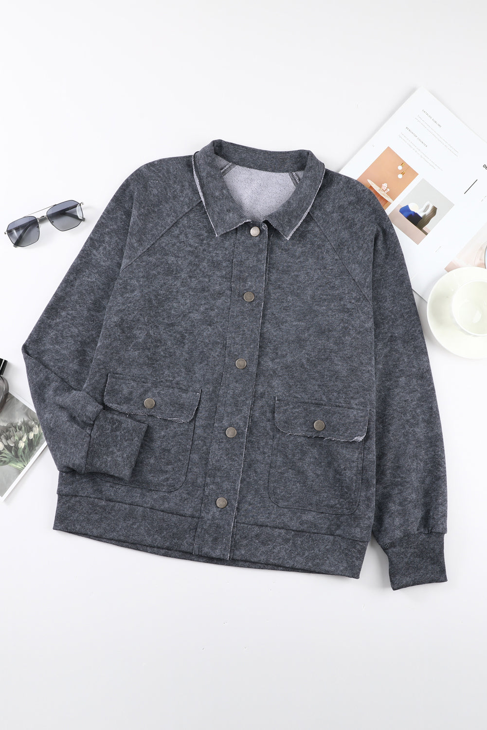 Grey Vintage Washed Flap Pocket Button Shacket eAura