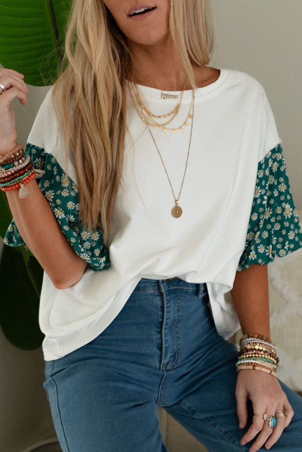 White Contrast Floral Puff Sleeve Oversized Top eAura