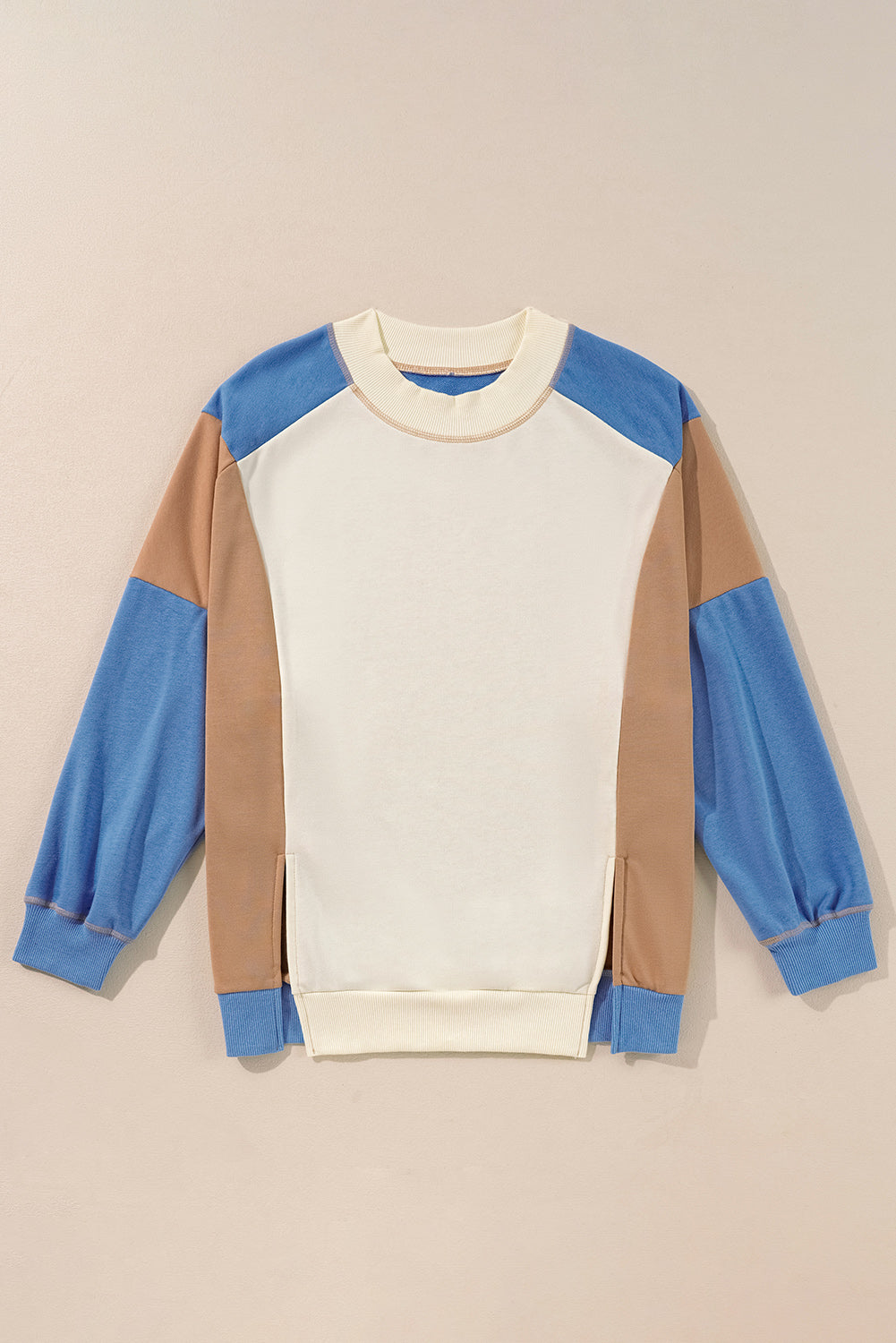 Sky Blue Ribbed Detail Colour Block Sleeve Baggy Sweatshirt eAura