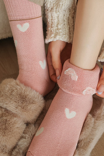 Pink Contrast Heart Print Ribbed Cuff Womens Crew Socks
