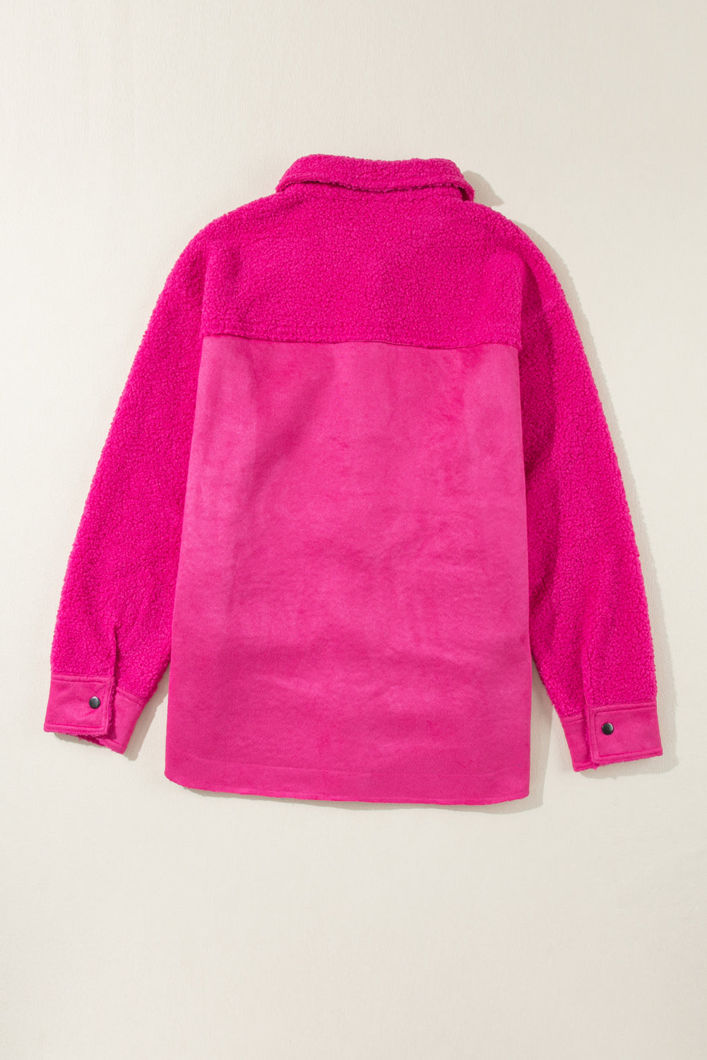Bright Pink Faux Suede Sherpa Patchwork Button-up Shacket Beagle Boutique Fashion Outlet
