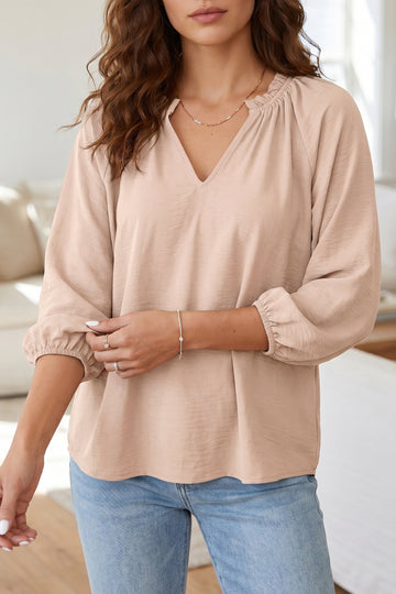 V Neck Gathered Cuff Three Quarter Sleeve Blouse – Parchment