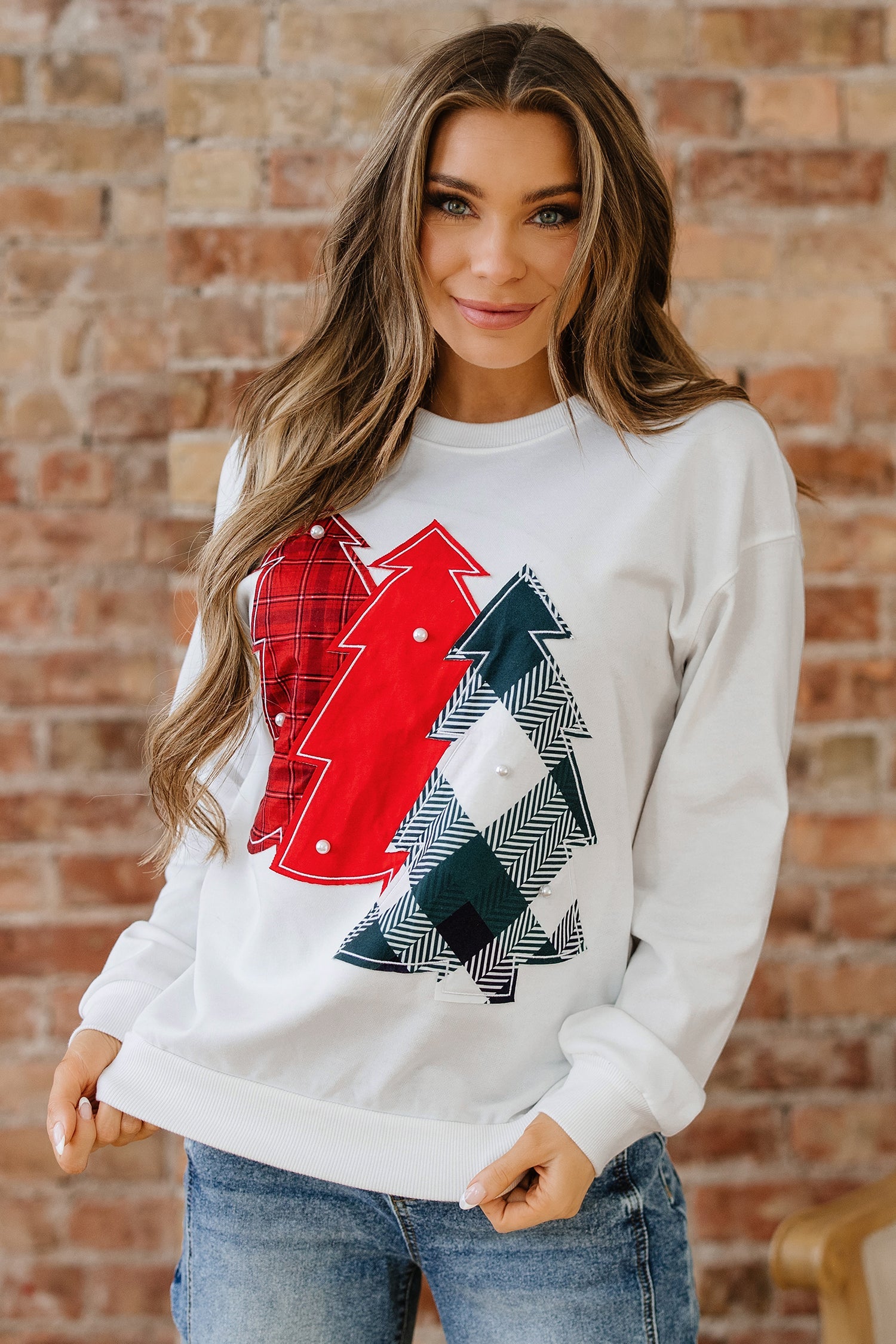 Pearl Plaid Christmas Tree Patched Drop Shoulder Sweatshirt - eAura