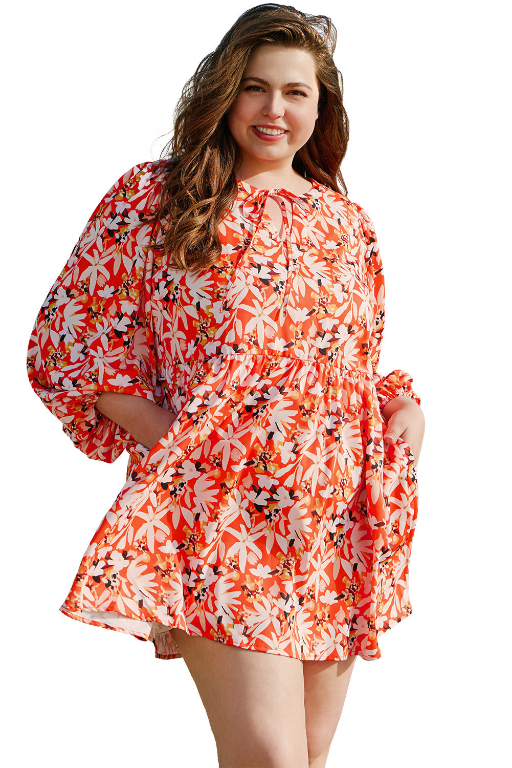 Orange Floral Print Split V Neck Bubble Sleeve Plus Size Midi Dress BB Fashion Outlet