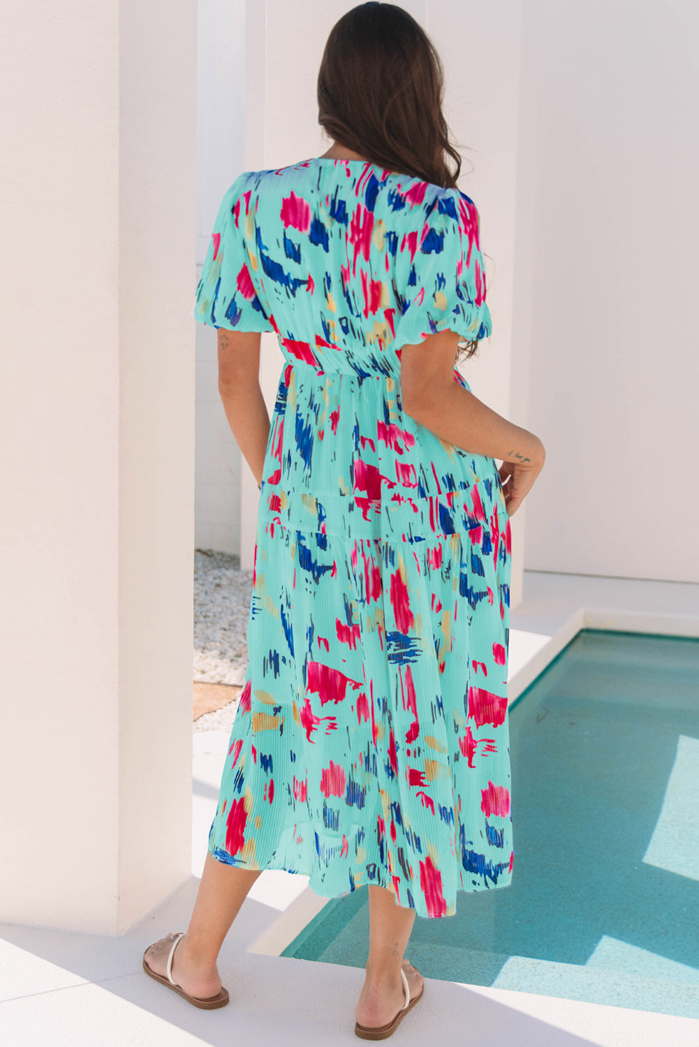 Abstract Print Short Puff Sleeve Tiered Maxi Dress eAura