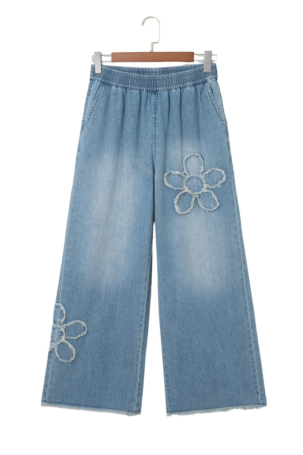 Beau Frayed Floral Patch Wide Leg Raw Hem Wide Leg Jeans – Blue