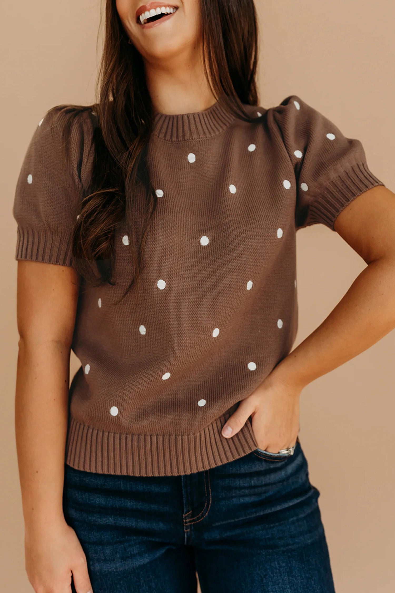 Elegant Polka Dot Bubble Short Sleeve Sweater