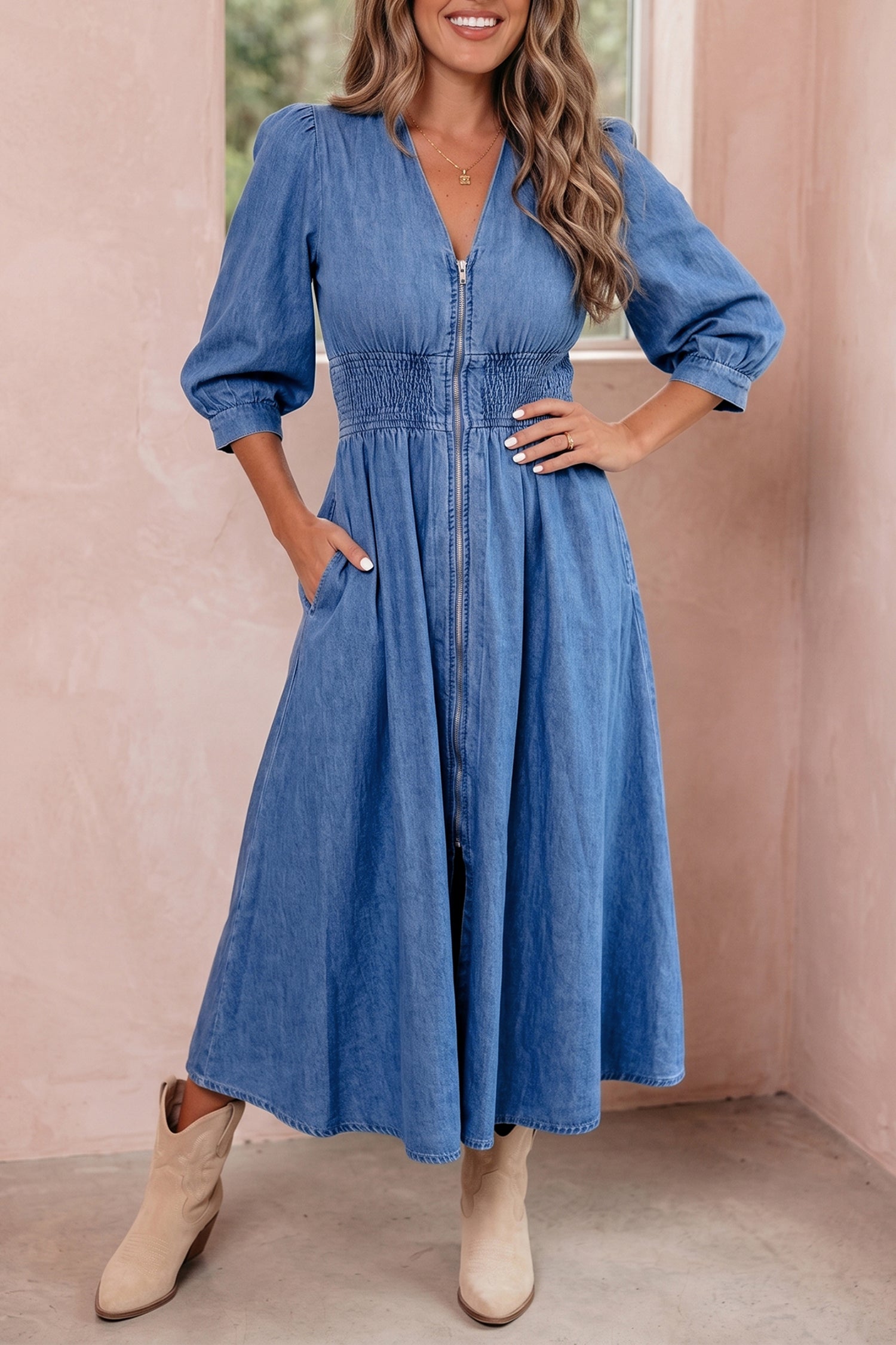 V Neck Shirred Waist Metal Zipper Denim Midi Dress – Blue