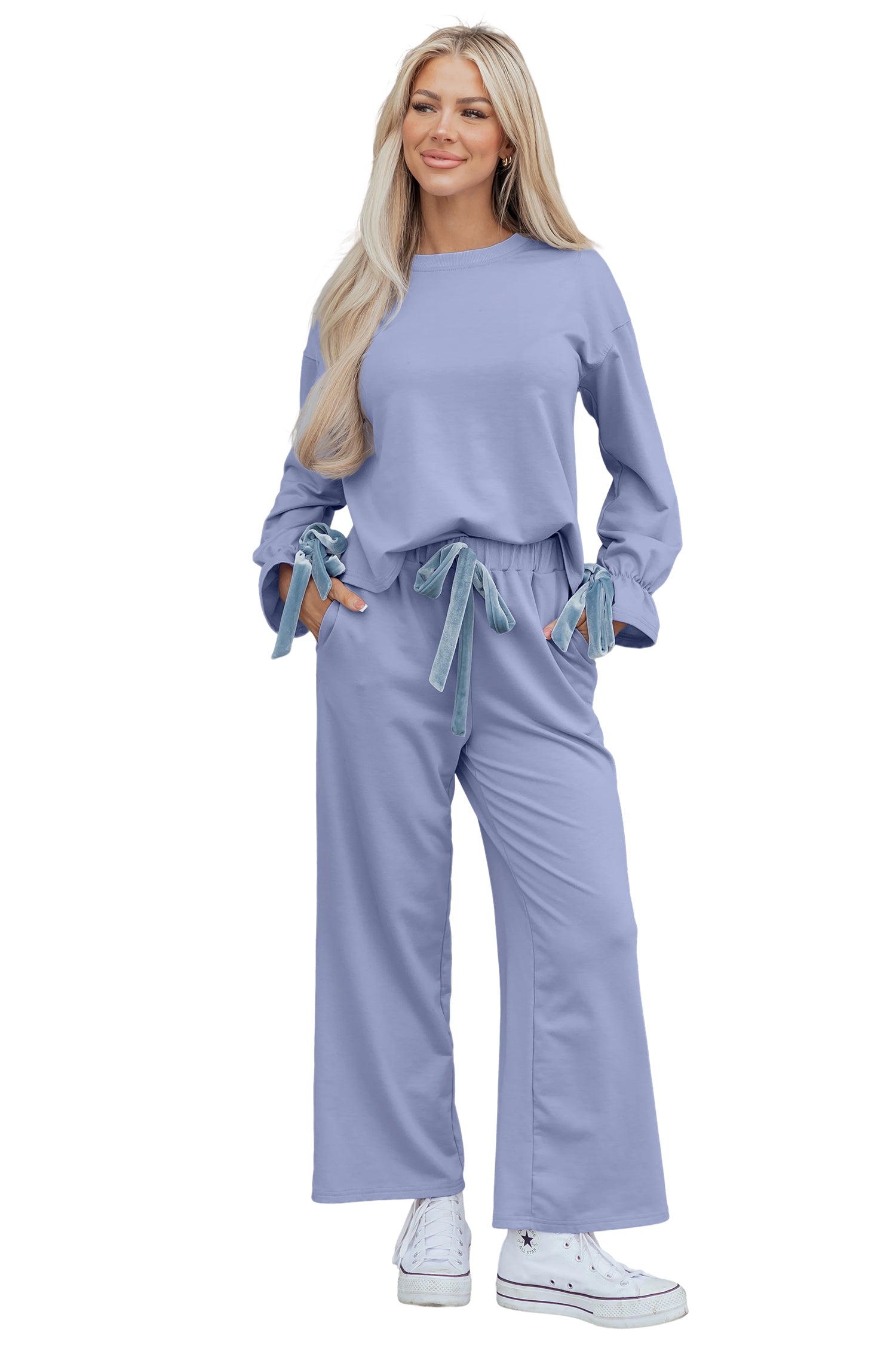 Beau Flounce Long Sleeve Top Drawstring Pants Contrast Velvet Bow Knot 2pcs Lounge Set – Blue