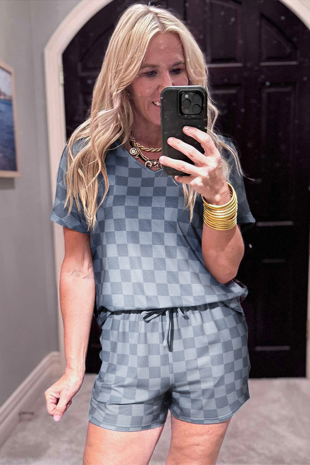 Grey Checkered V Neck Tee Drawstring Shorts Lounge Set eAura