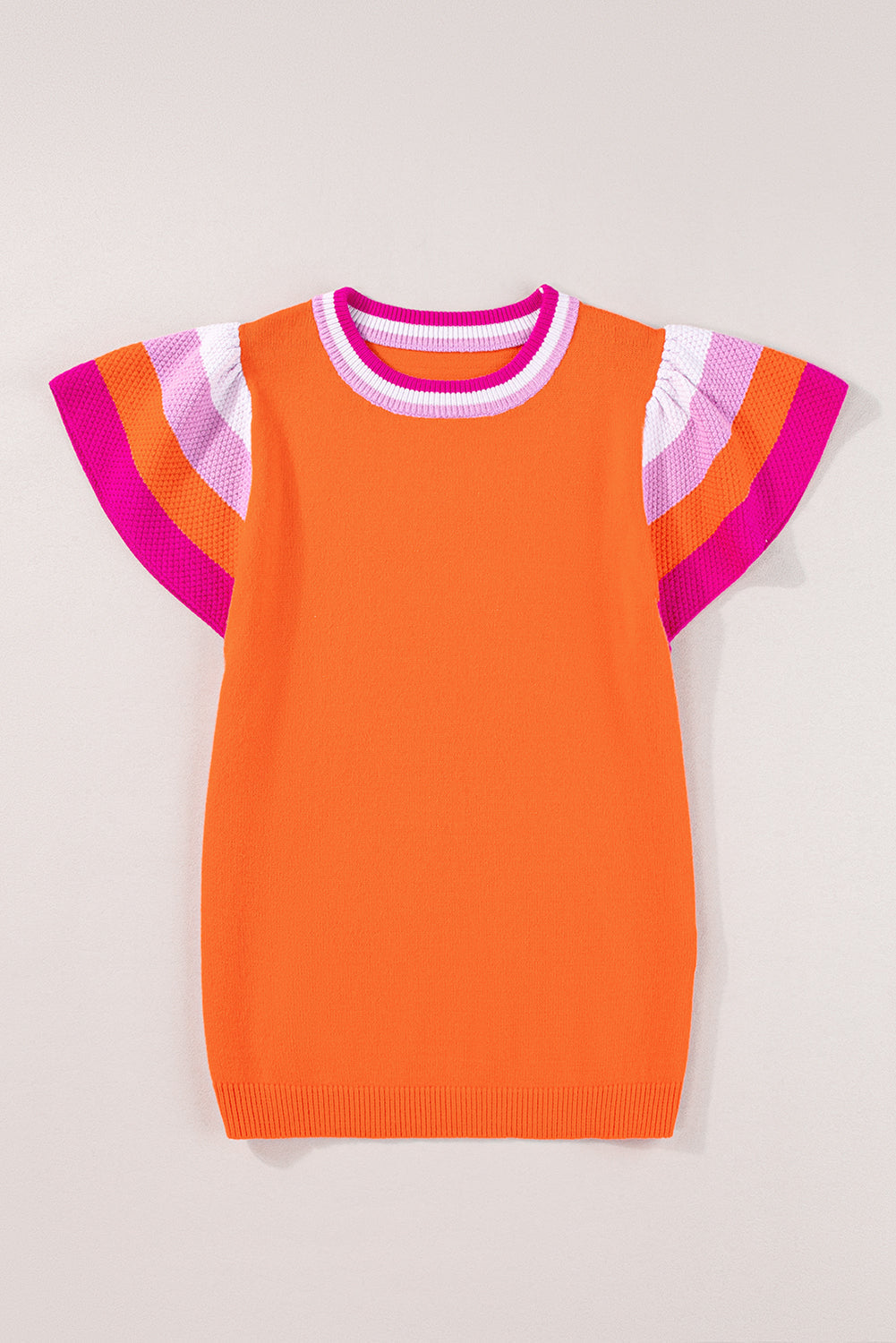 Turquoise Contrast Flutter Sleeves Knitted Sweater T Shirt eAura