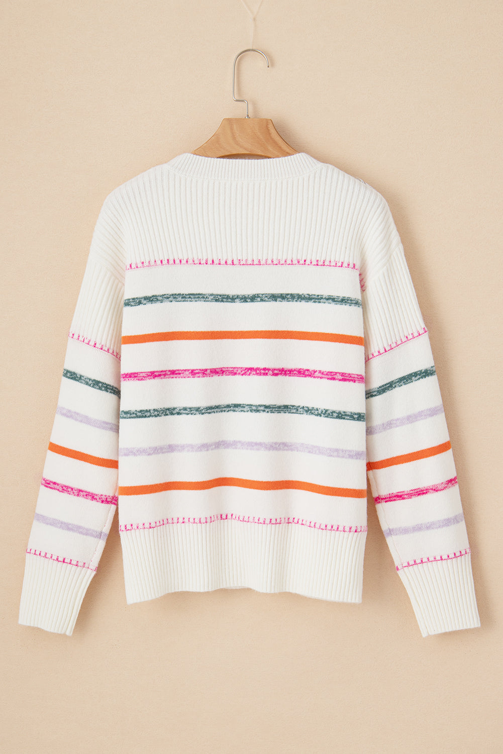 White Colourful Striped Ribbed Trim Sweater eAura
