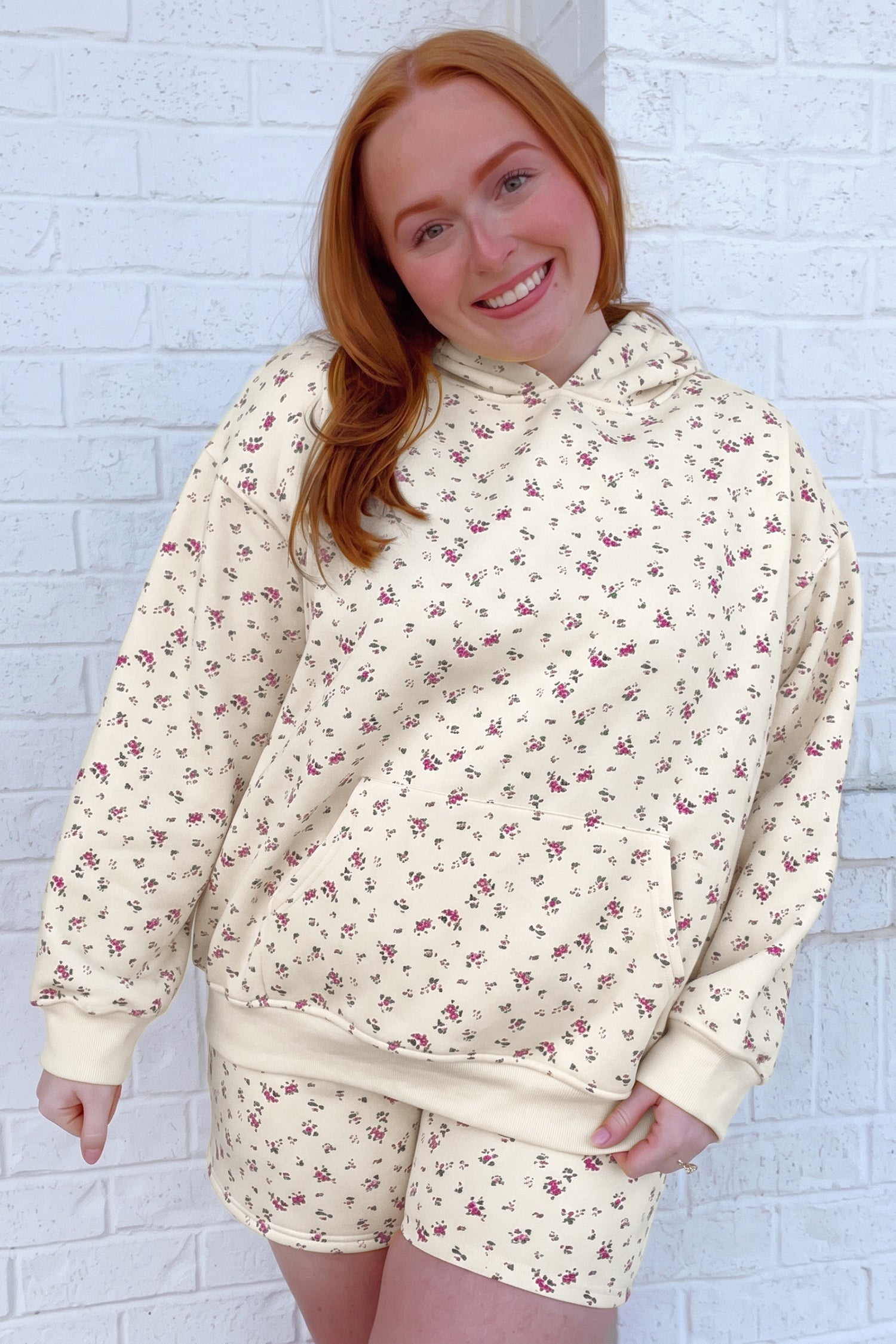 Floral Print Hooded Long Sleeve Plus Size Set – Beige