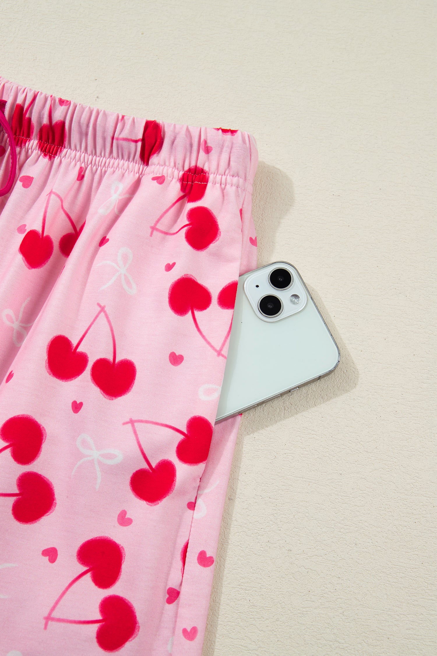 Cherry Bow Mixed Print Scalloped Edge Short Pajama Set – Rose