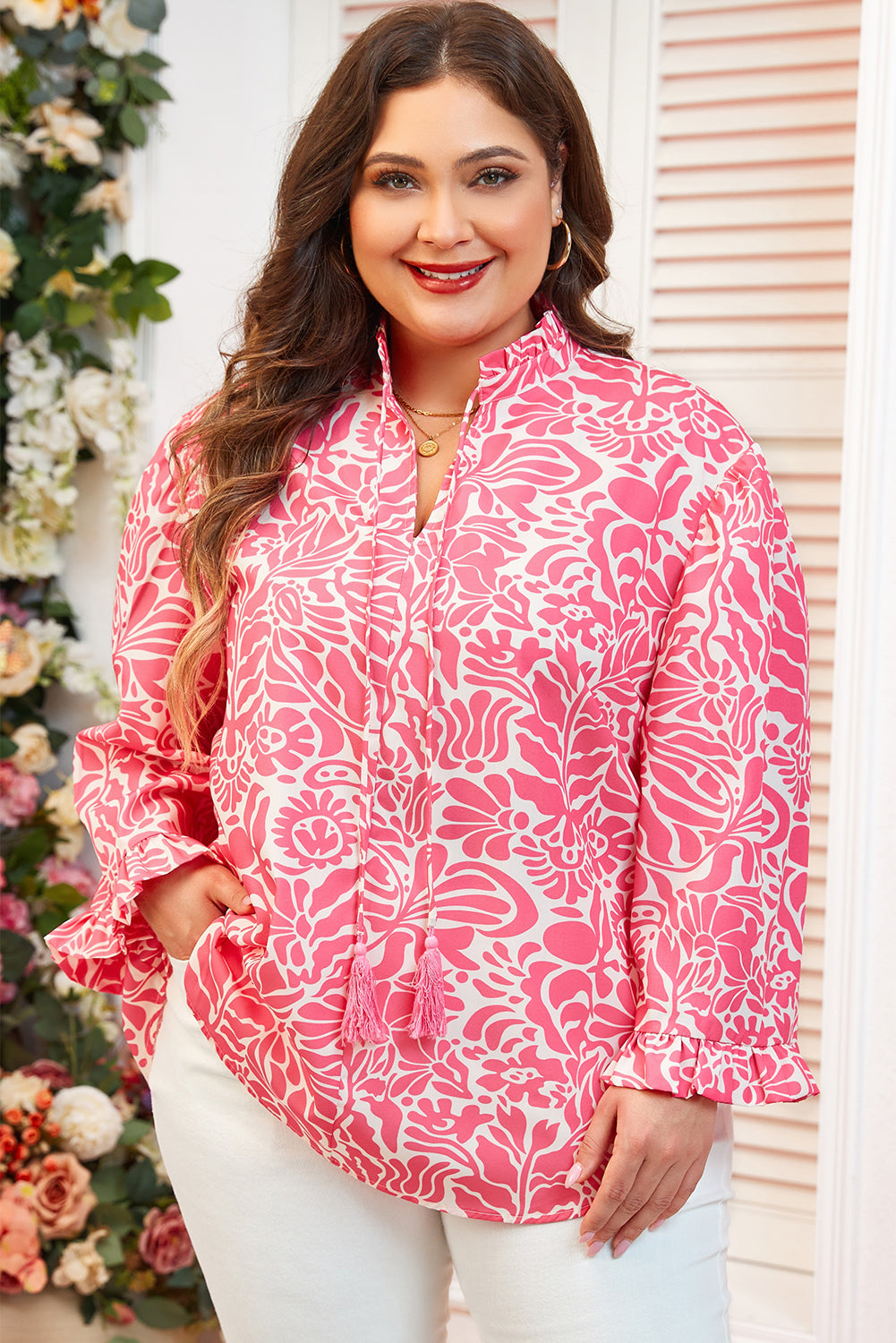 Pink Plus Size Floral Print Frilled Neck Puff Sleeve Top BB Fashion Outlet