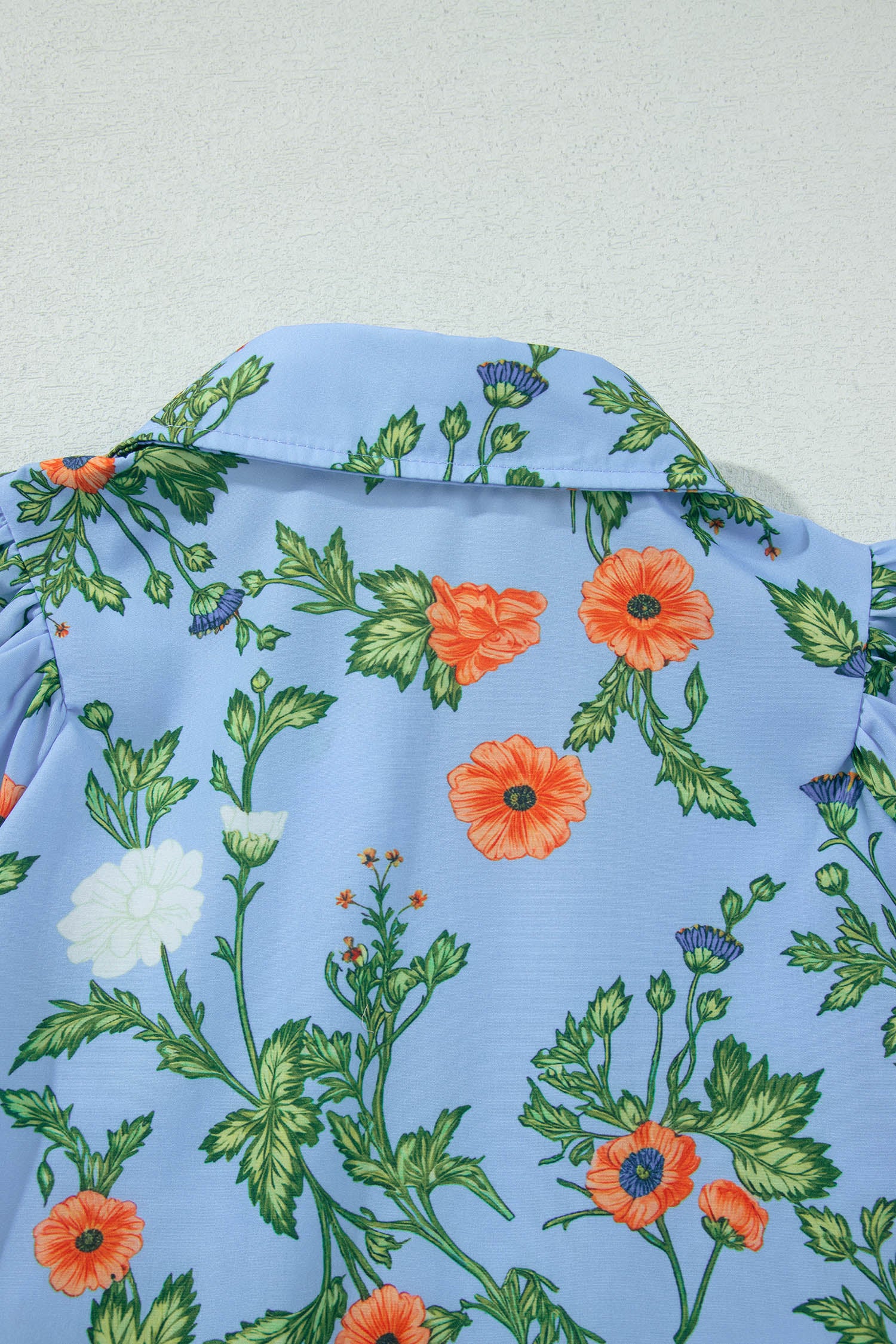Sky Blue Floral Print Bracelet Sleeve Button Down Casual Shirt – Light Blue