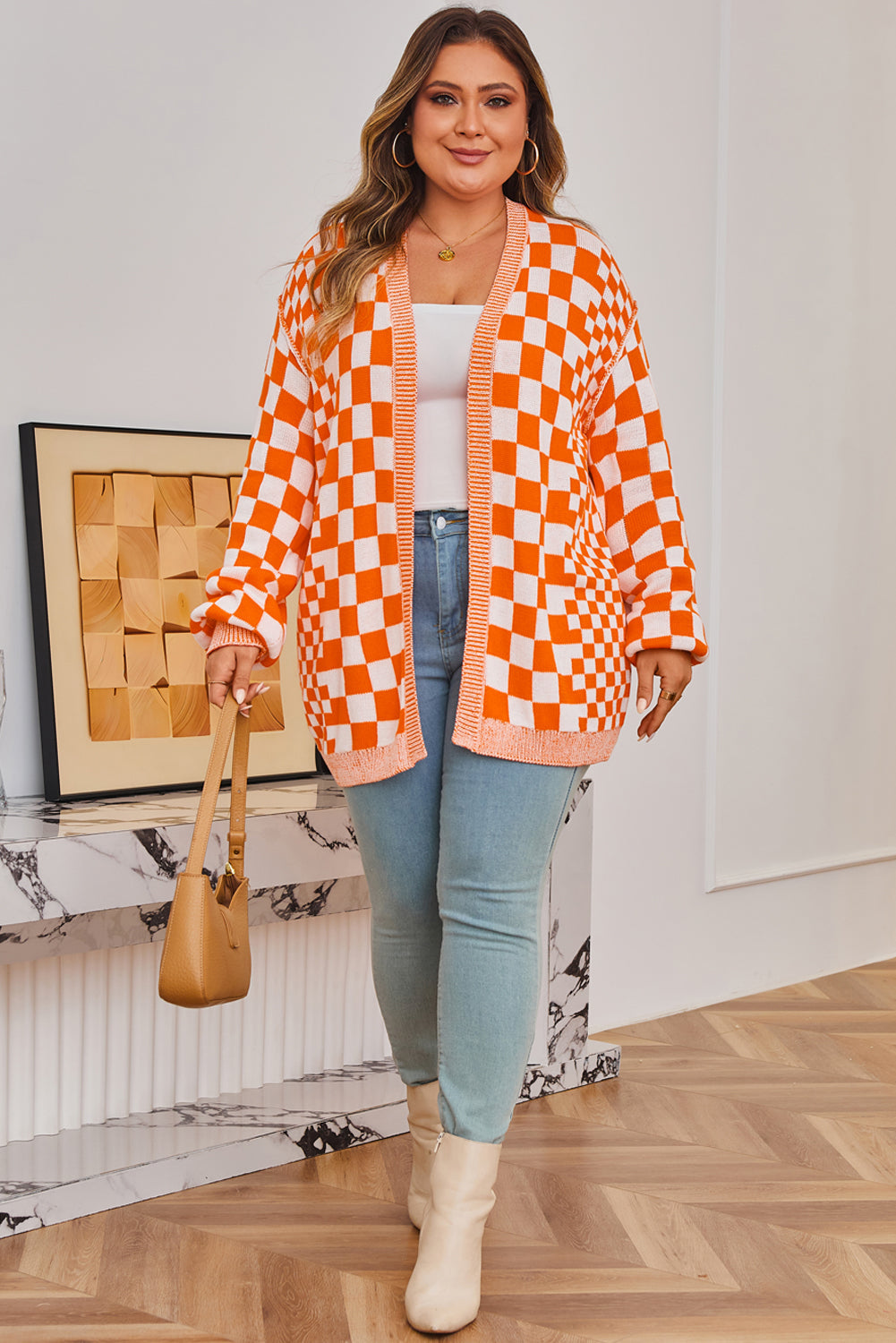 Checkered Bubble Sleeve Drop Shoulder Open Cardigan eAura