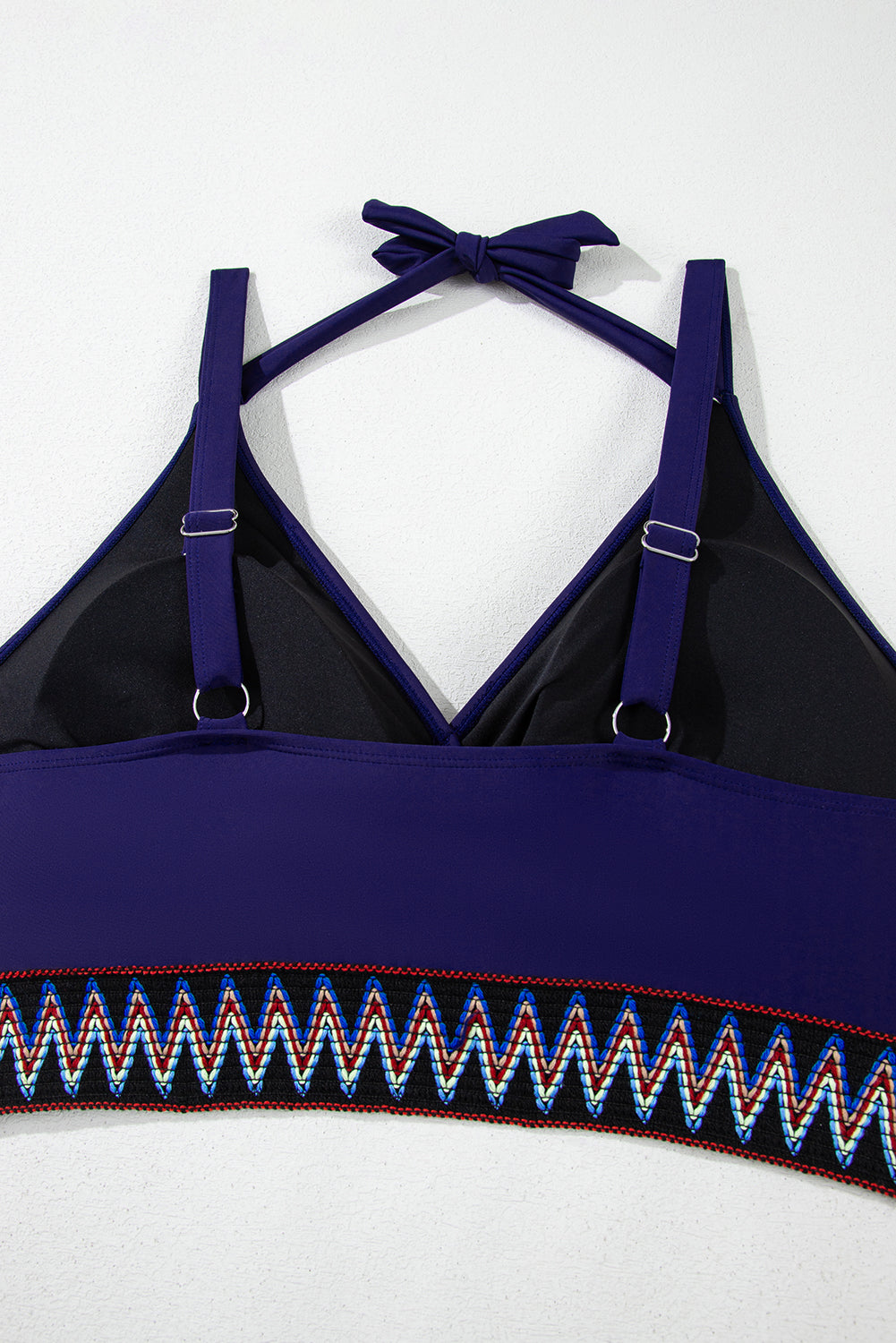 Navy Blue Embroidered Trim Wrap Tie Knot Plus Size High Waisted Bikini BB Fashion Outlet