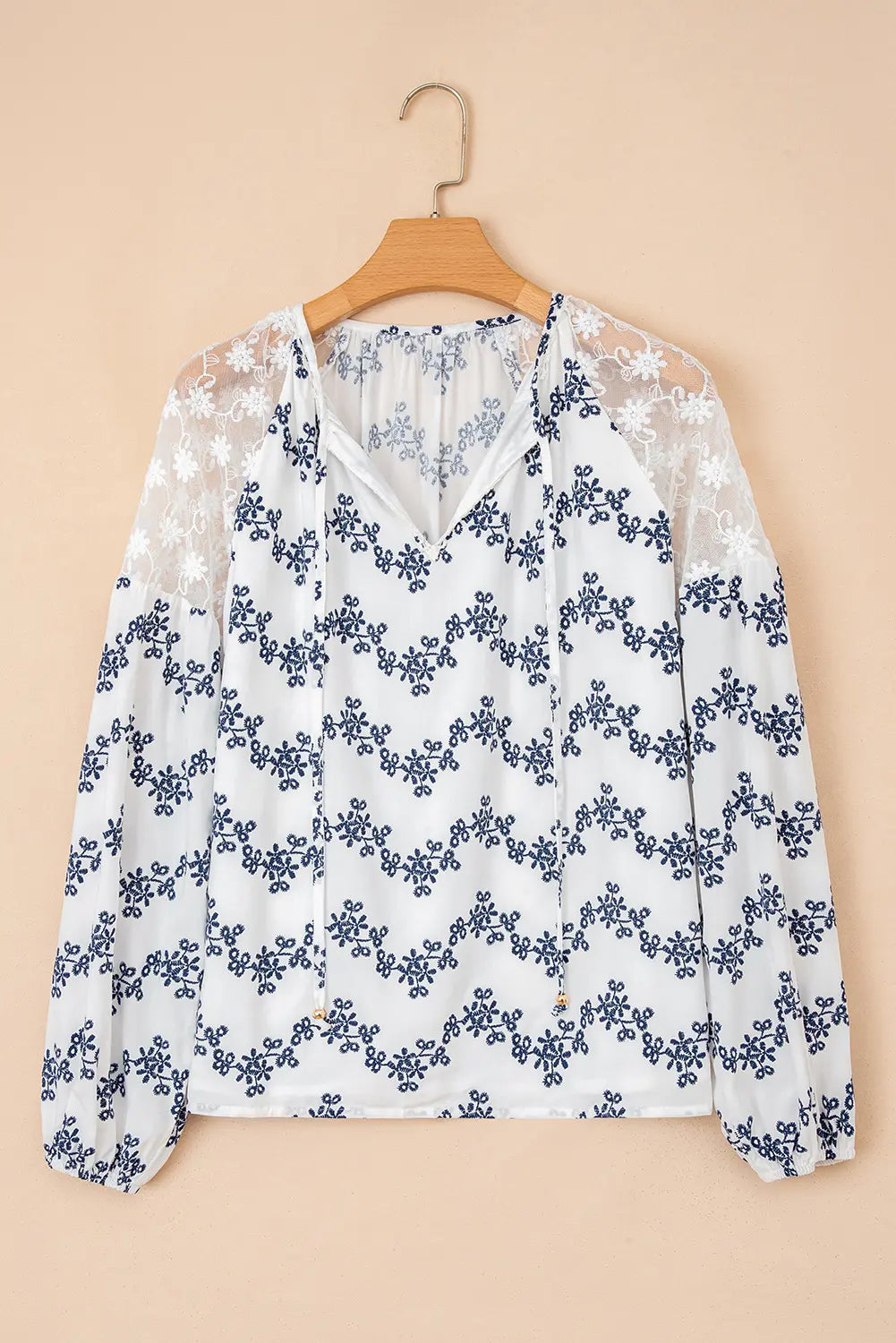 Lace Patchwork Floral Bubble Sleeve V-Neck Blouse - Tops/Blouses & Shirts