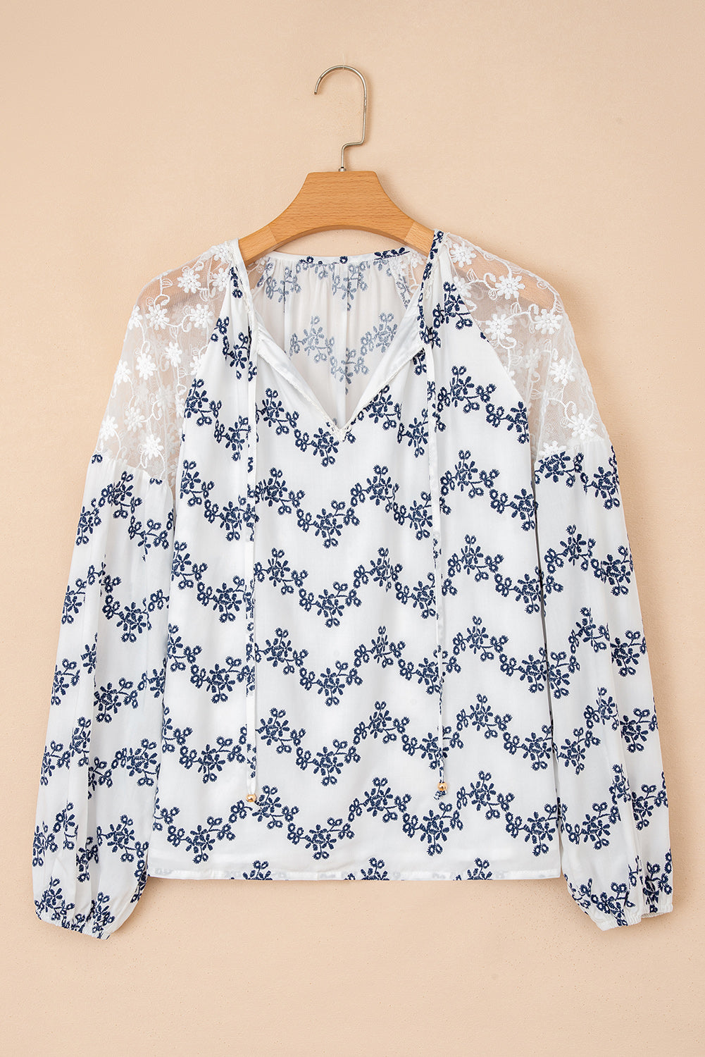 Lace Patchwork Floral Bubble Sleeve V-Neck Blouse - Tops/Blouses & Shirts