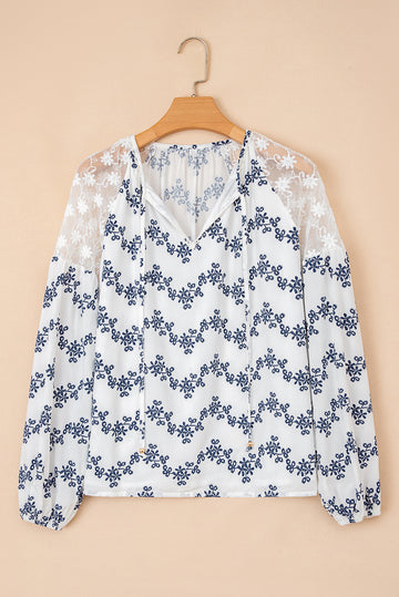 Lace Patchwork Floral Bubble Sleeve V-Neck Blouse - Tops/Blouses & Shirts