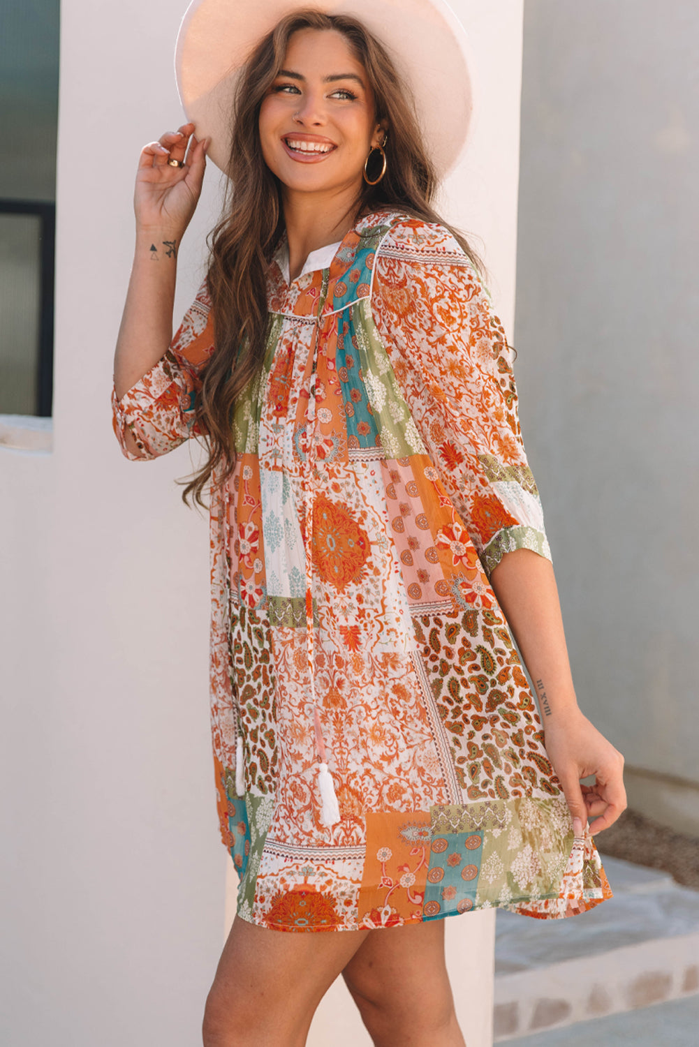 Orange Boho Paisley Mixed Print 3/4 Sleeve Chiffon Loose Dress eAura