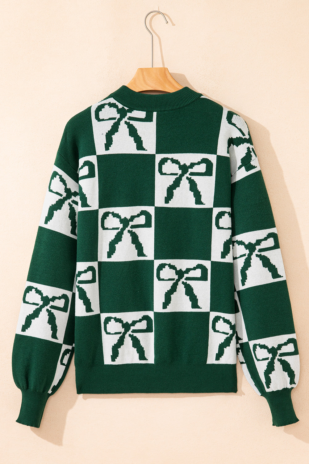 Green Checkered Bow Print Casual Sweater - eAura