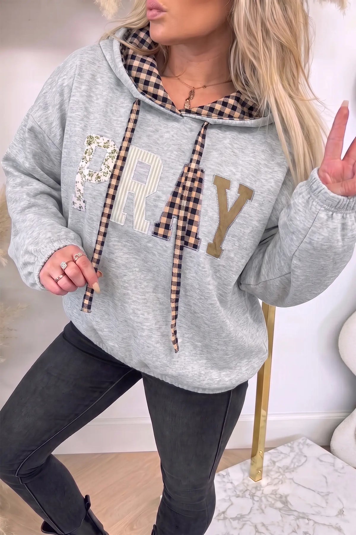Hoodie with Drawstring and Plaid-Contrast PRAY Graphic