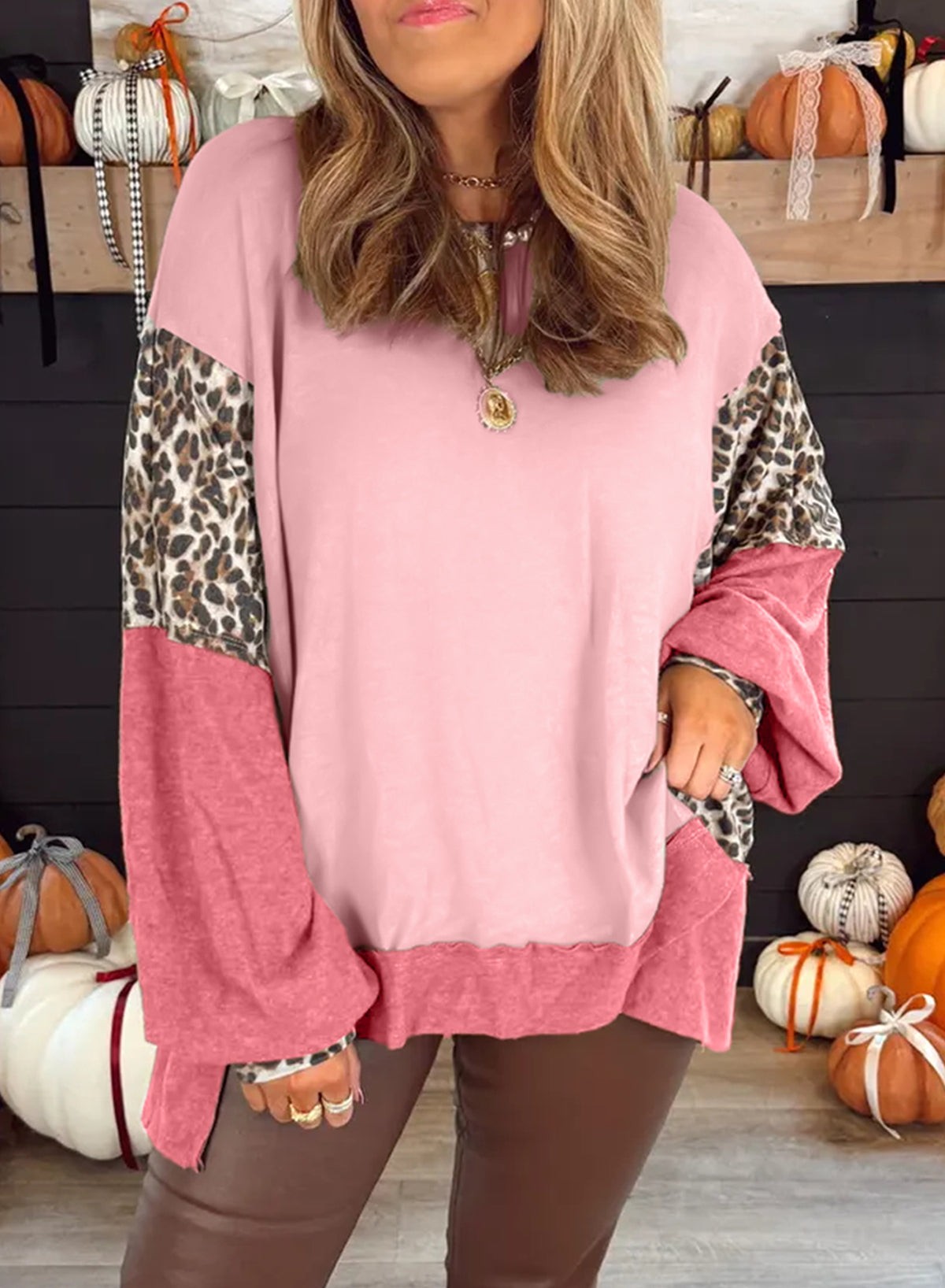 Colour Block Leopard Patchwork Dolman Sleeve High Low Baggy Sweatshirt - Pink / L - Tops/Sweatshirts & Hoodies