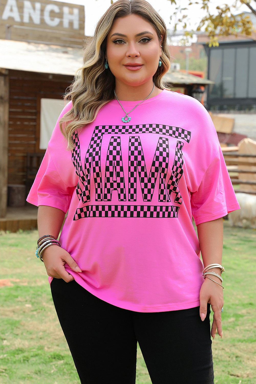 Bright Pink Checker MAMA Letter Printed Graphic Plus Size T Shirt BB Fashion Outlet