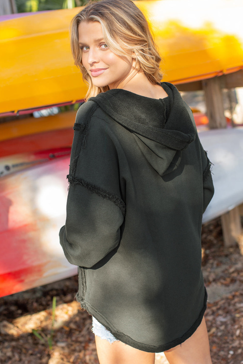 Grey Exposed Seam Raw Edge Hoodie with Pockets eAura
