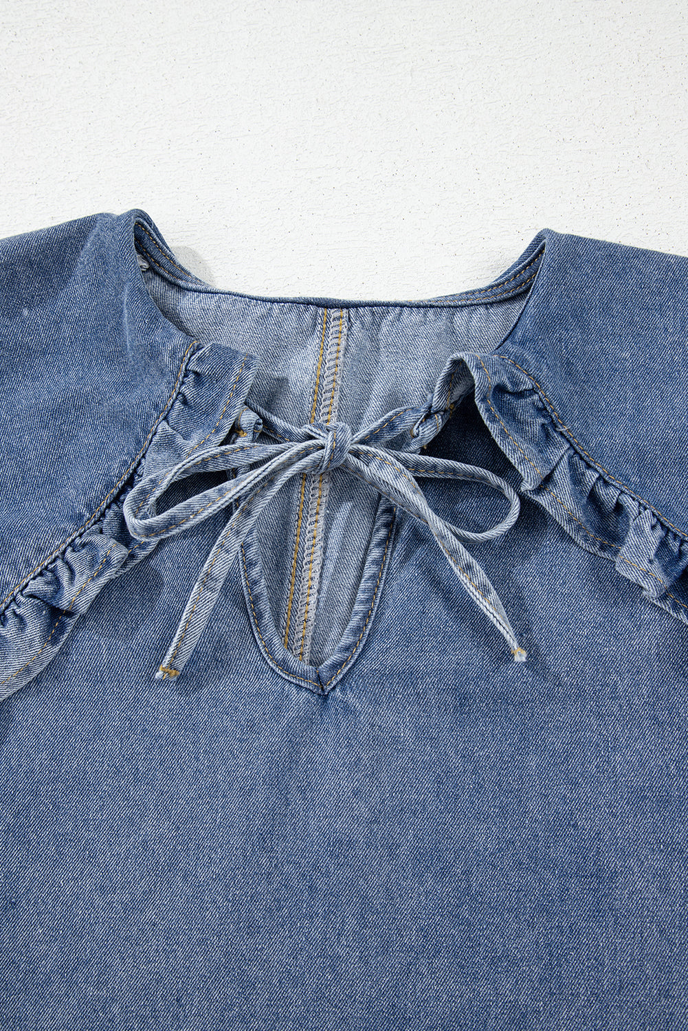 Dusk Blue Ruffled Collared Side Pockets Puff Sleeve Denim Mini Dress eAura