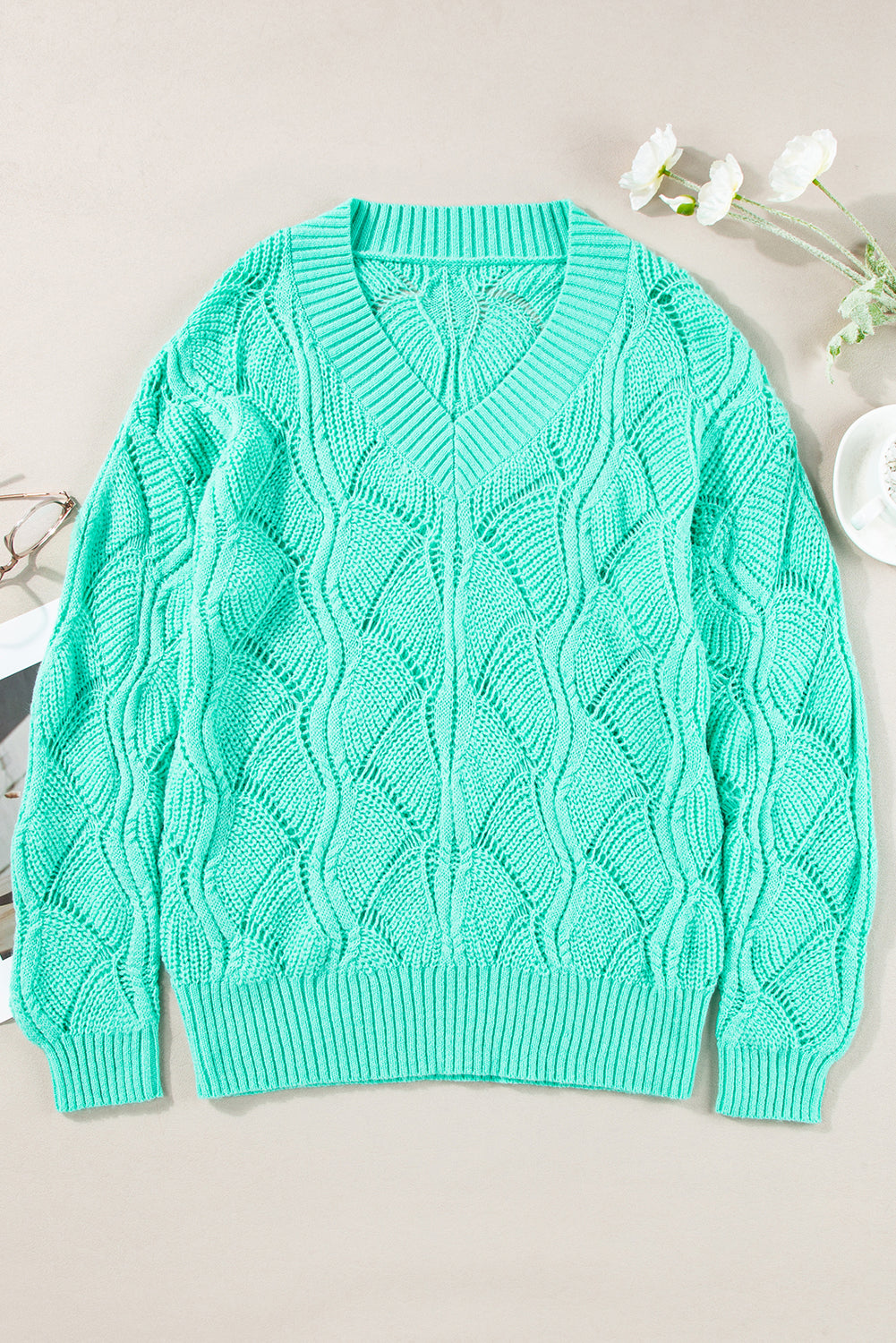 Mint Green Hollow Out Knit V Neck Drop Shoulder Sweater eAura