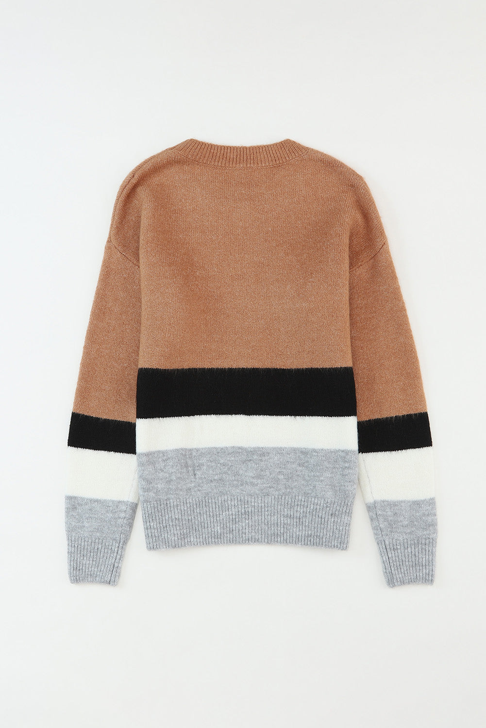 Brown Colour Block Striped Ribbed Knit Sweater eAura