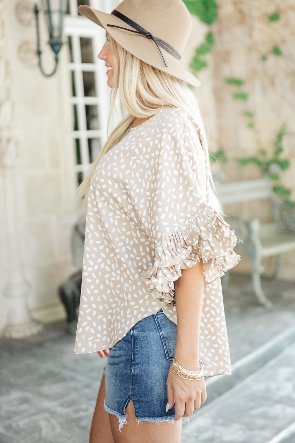 Khaki Dolman Ruffled Sleeve Loose Blouse eAura