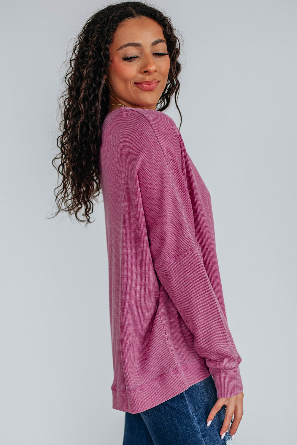 Waffle Textured Long Sleeve Loose Top eAura