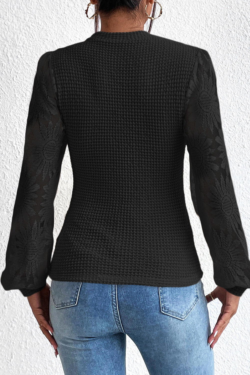 Peach Blossom Sunflower Mesh Bubble Sleeve Waffle Knit Top eAura