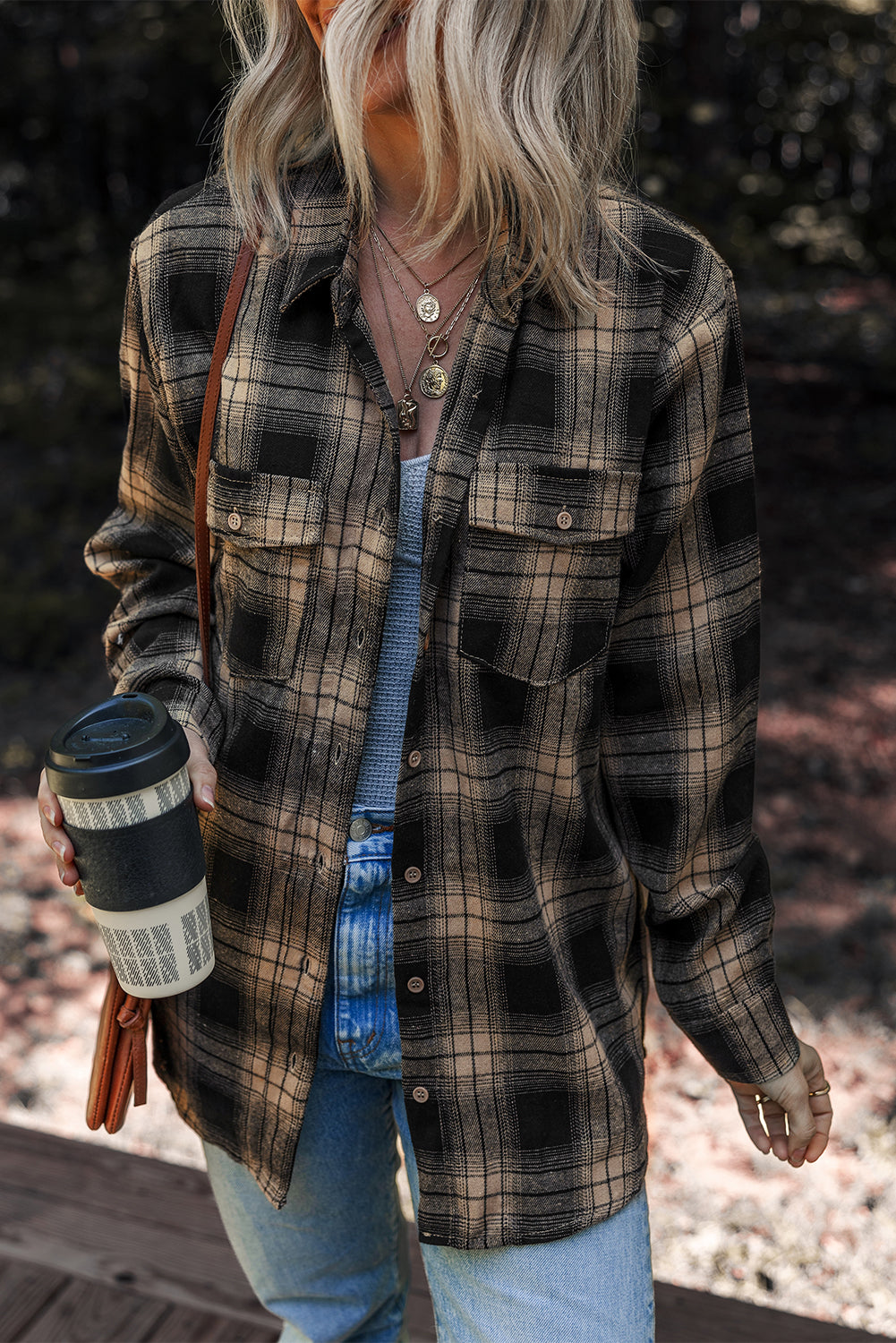 Multicolour Retro Plaid Double Flap Pocket Brushed Shacket eAura