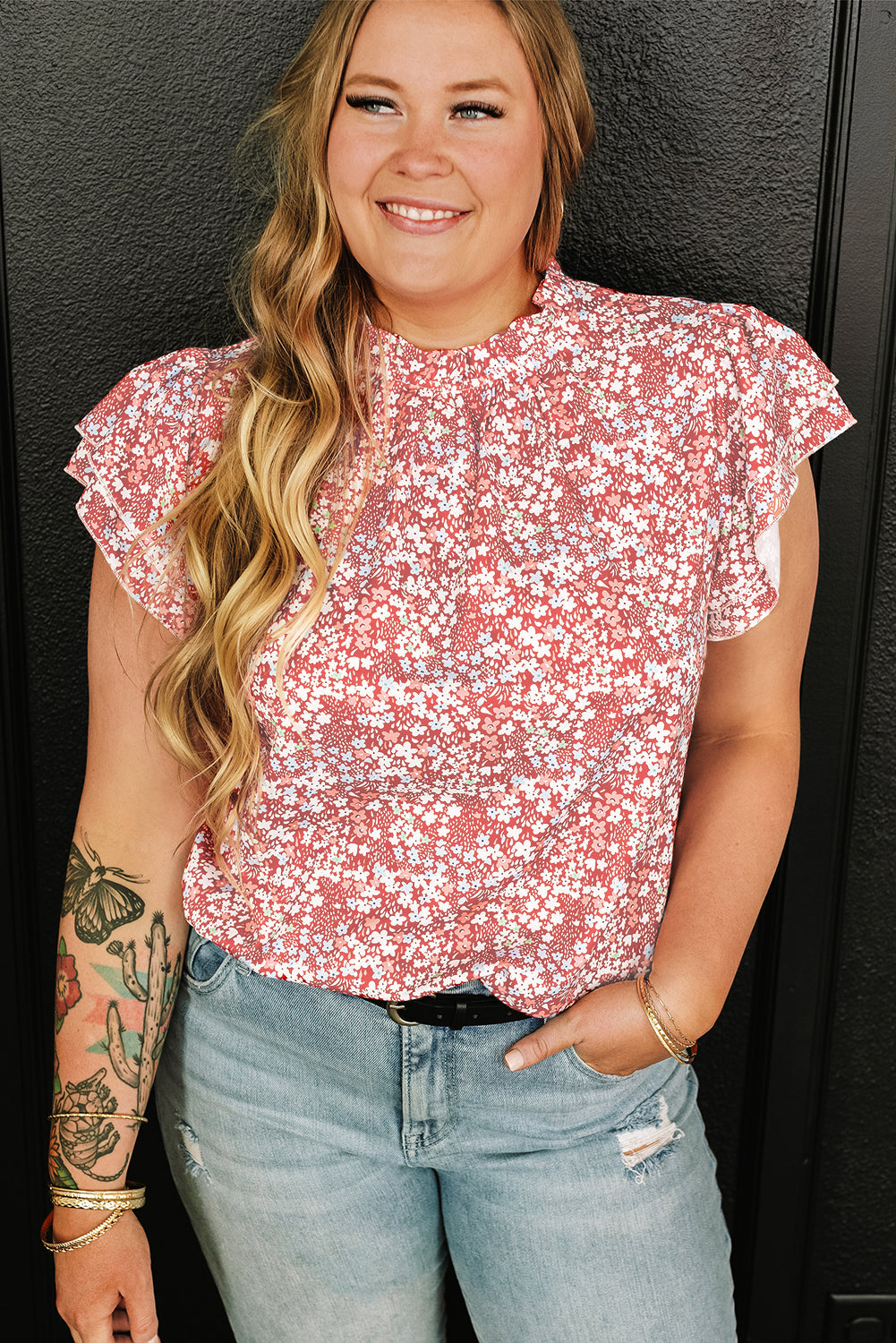 Pink Plus Size Floral Print Ruffled Sleeve Frilled Neck Blouse BB Fashion Outlet