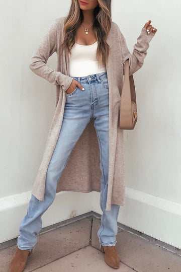 Solid Color Long Sleeve Casual Tunic Shift Cardigan – Parchment
