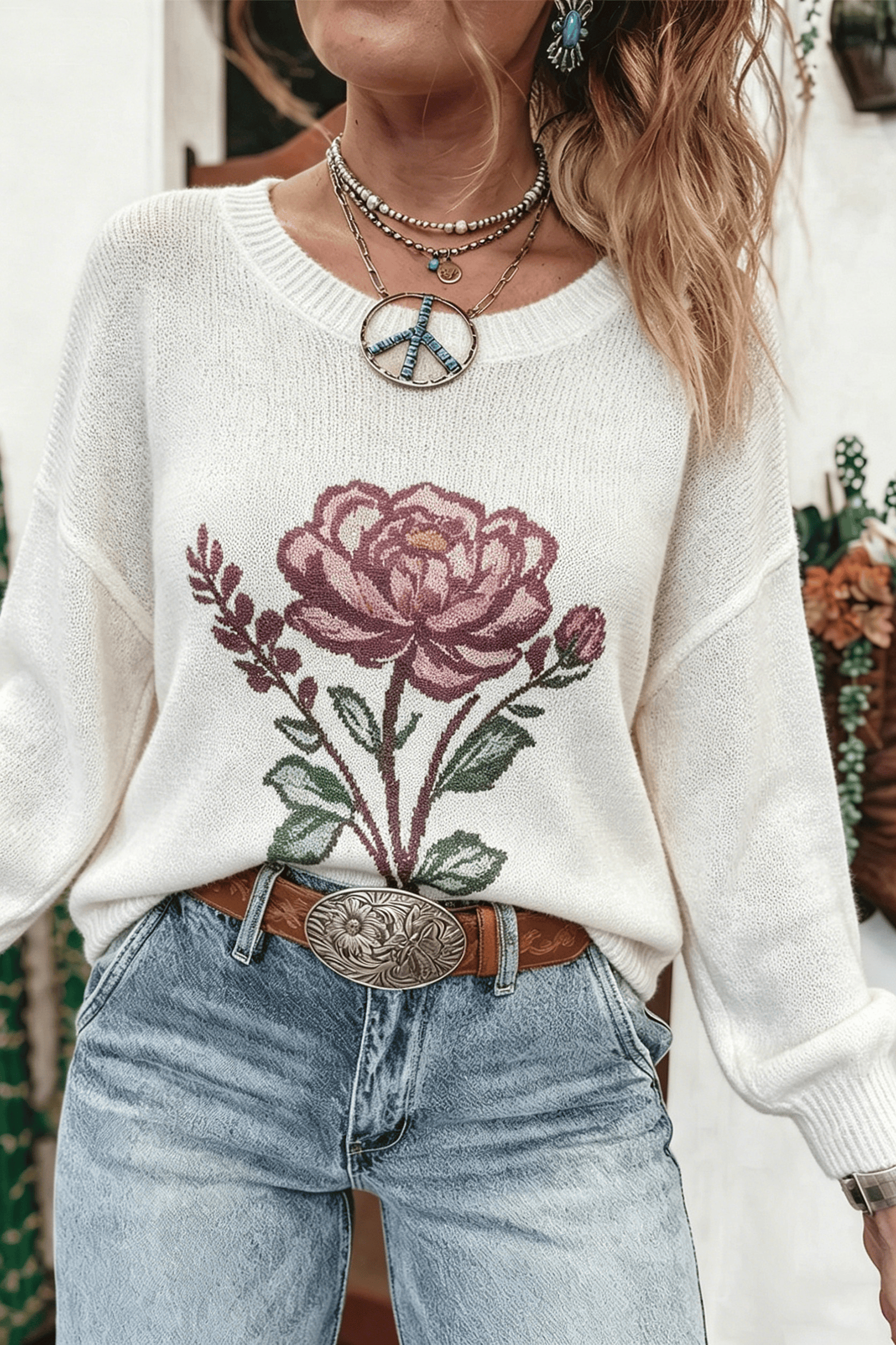 Western Floral Dropped Shoulder Lightweight Knit Sweater – White