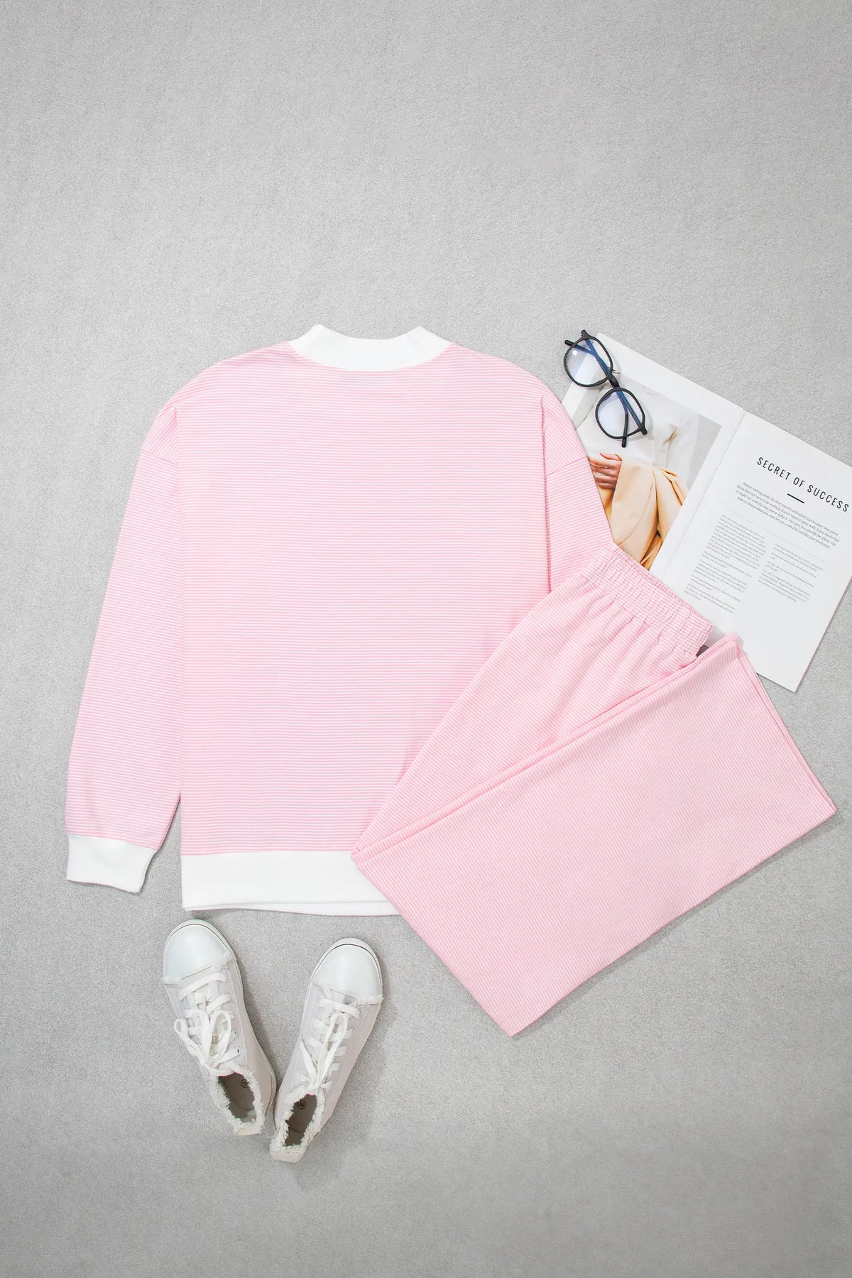 Colour Block Trim Mock Neck Pullover Drawstring Pants Casual Outfit – Pink Stripe