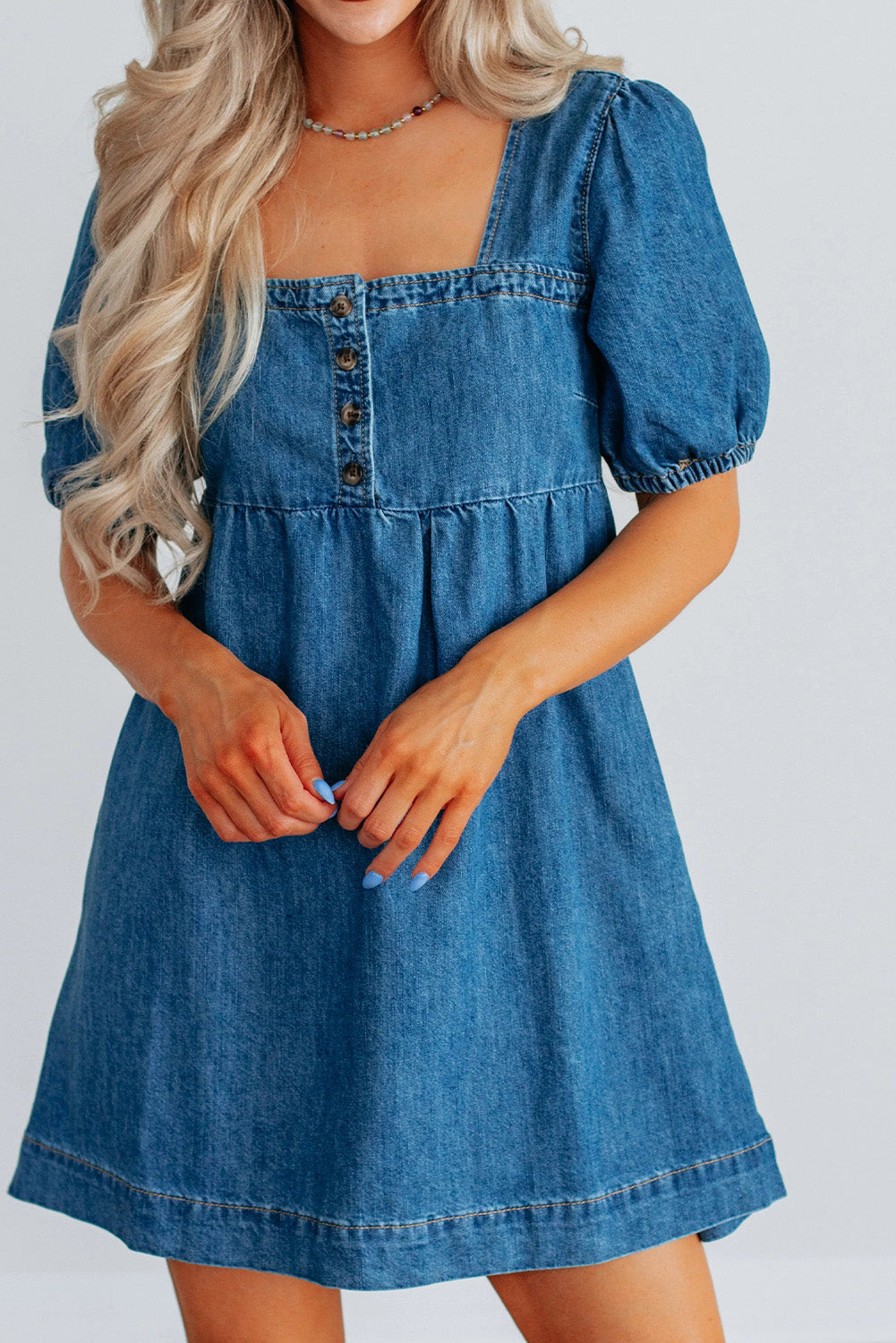 Button Square Neck Short Puff Sleeve Denim Mini Dress