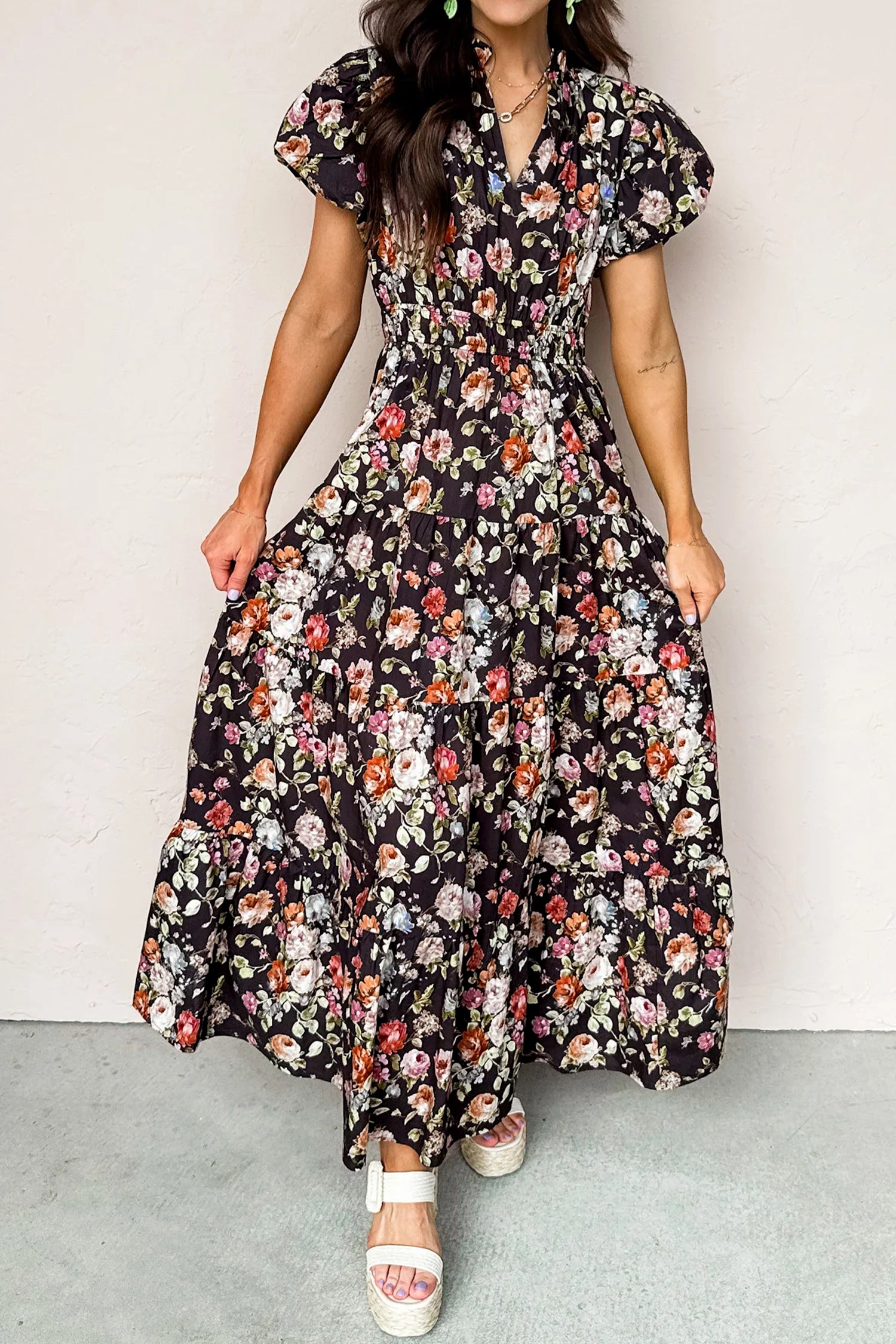 Floral Print V-Neck Pleated Tiered Maxi Dress