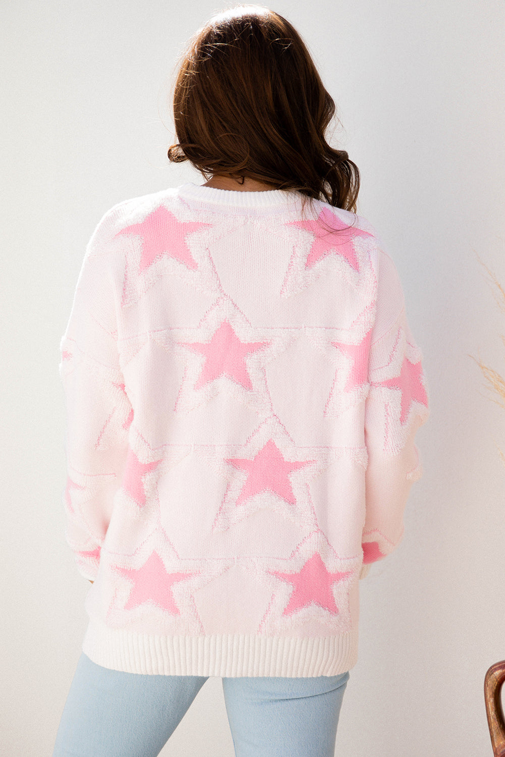 Pink Oversized Cute Star Pattern Ribbed Edge Drop Shoulder Sweater - eAura