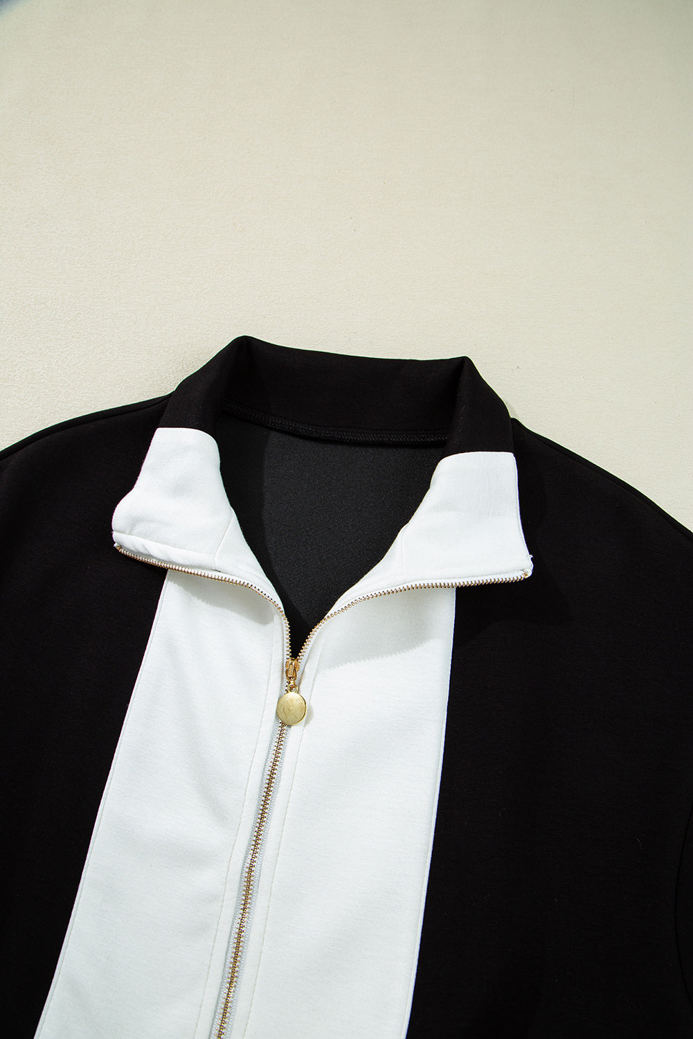 Black Contrast Collar Patchwork Zip Front Romper eAura