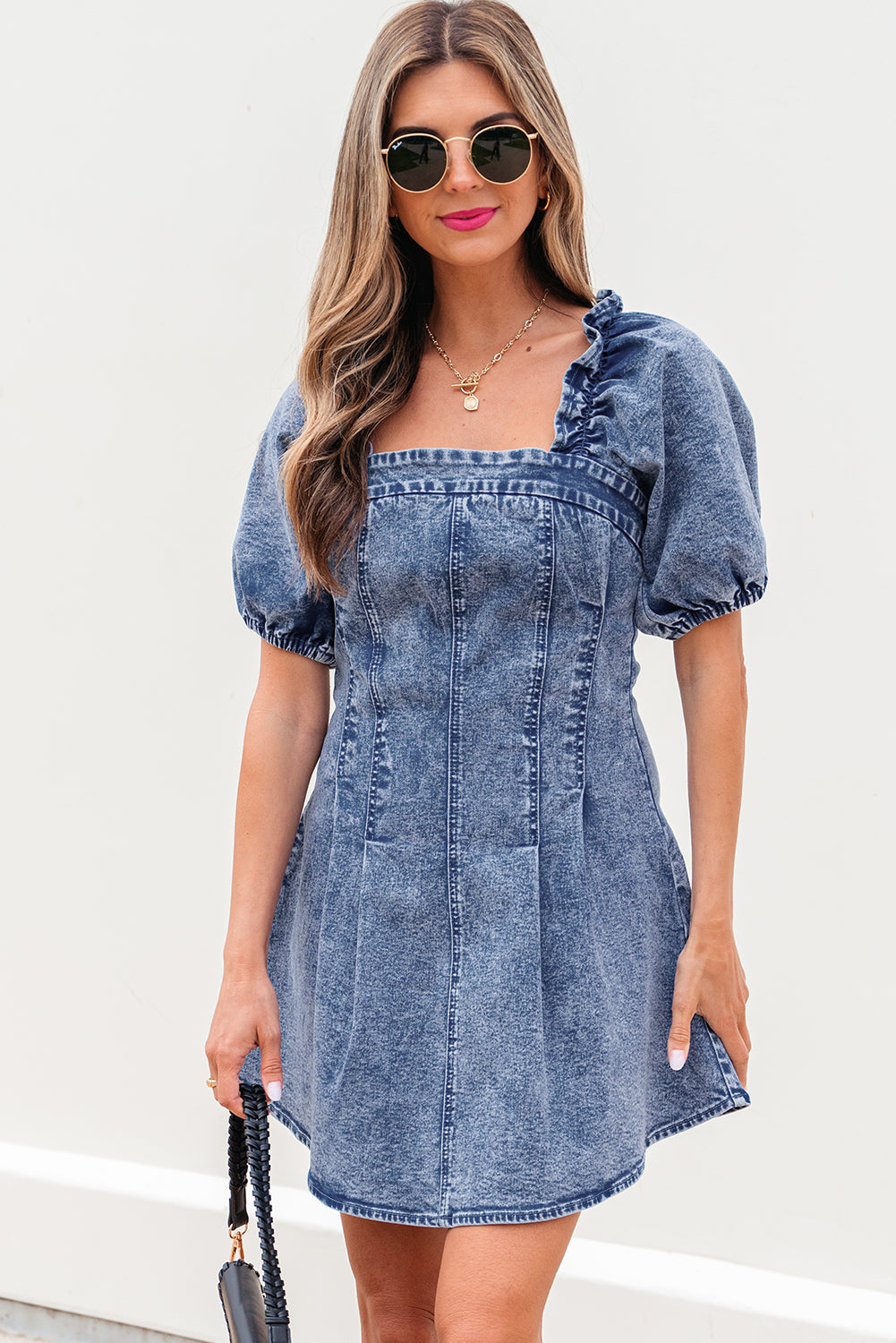 Blue Frilly Square Neck Bustier Puff Sleeve Short Denim Dress eAura