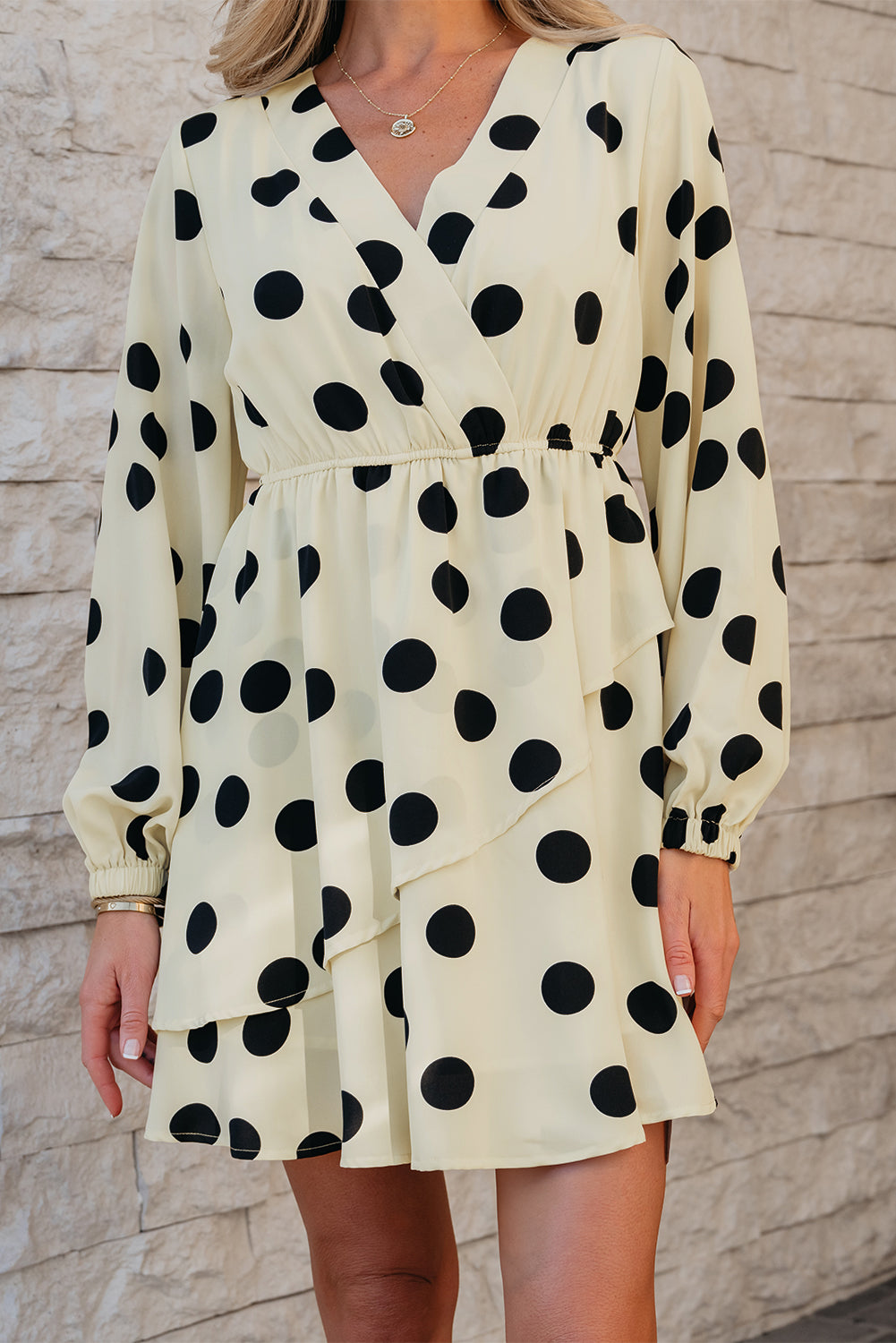 Beige Polka Dot Printed Surplice V Neck Puff Sleeve Mini Dress BB Fashion Outlet