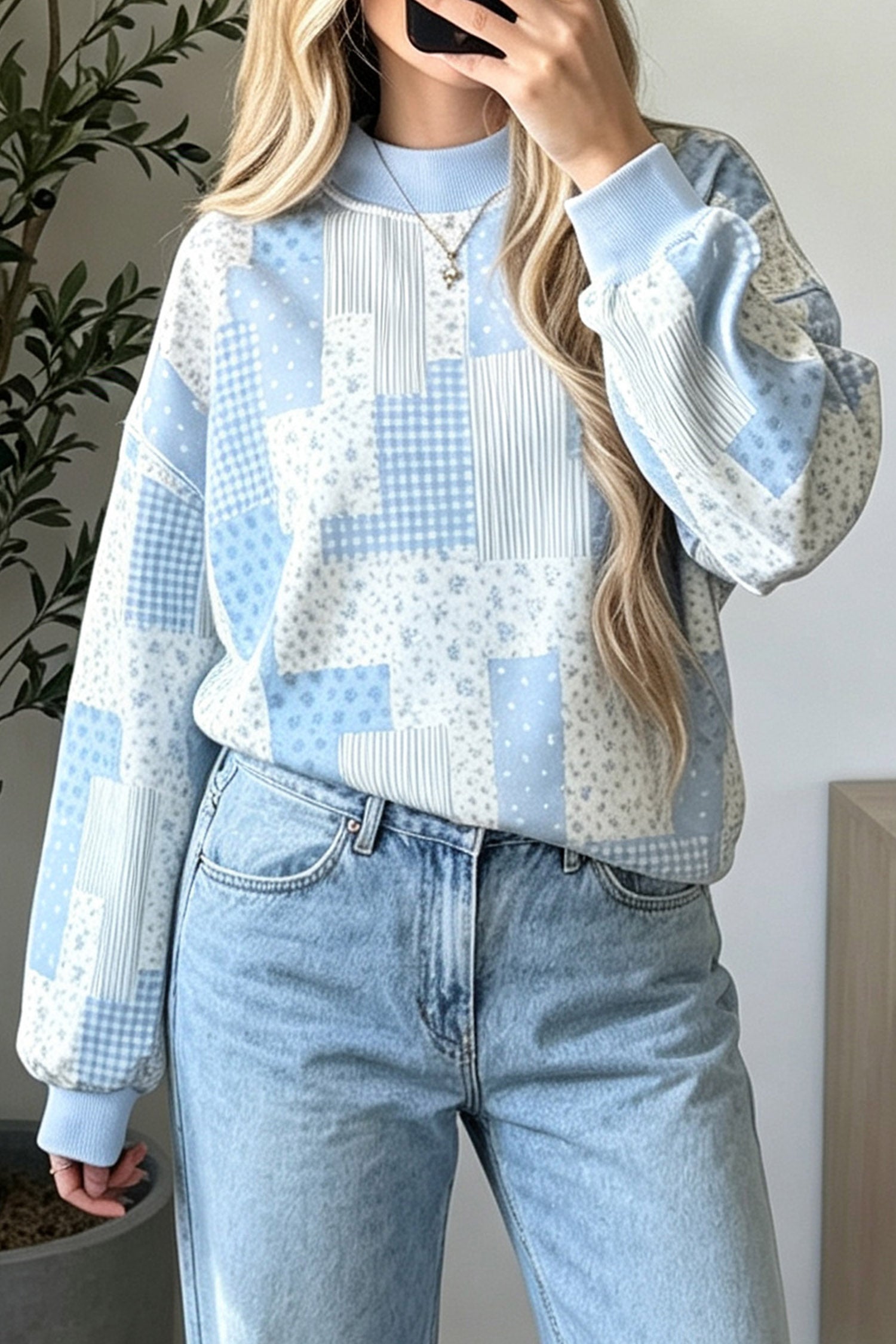 Patchwork Floral Print Mock Neck Long Sleeve Sweatshirt – Sky Blue